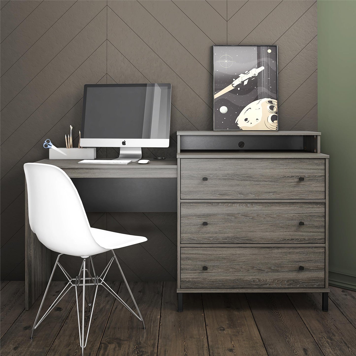 Kalissa Dresser / Desk Combo with Wireless Charger, Gray Oak with Black - Gray Oak