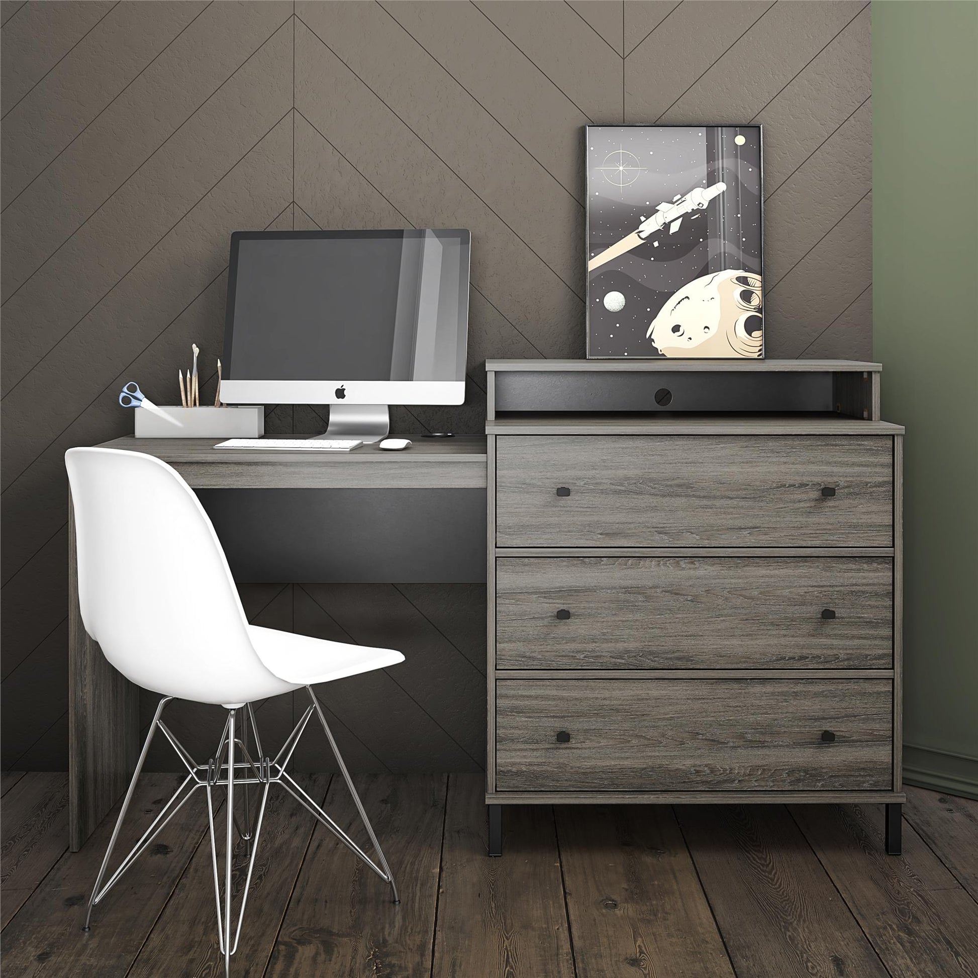 Kalissa Dresser / Desk Combo with Wireless Charger, Gray Oak with Black - Gray Oak