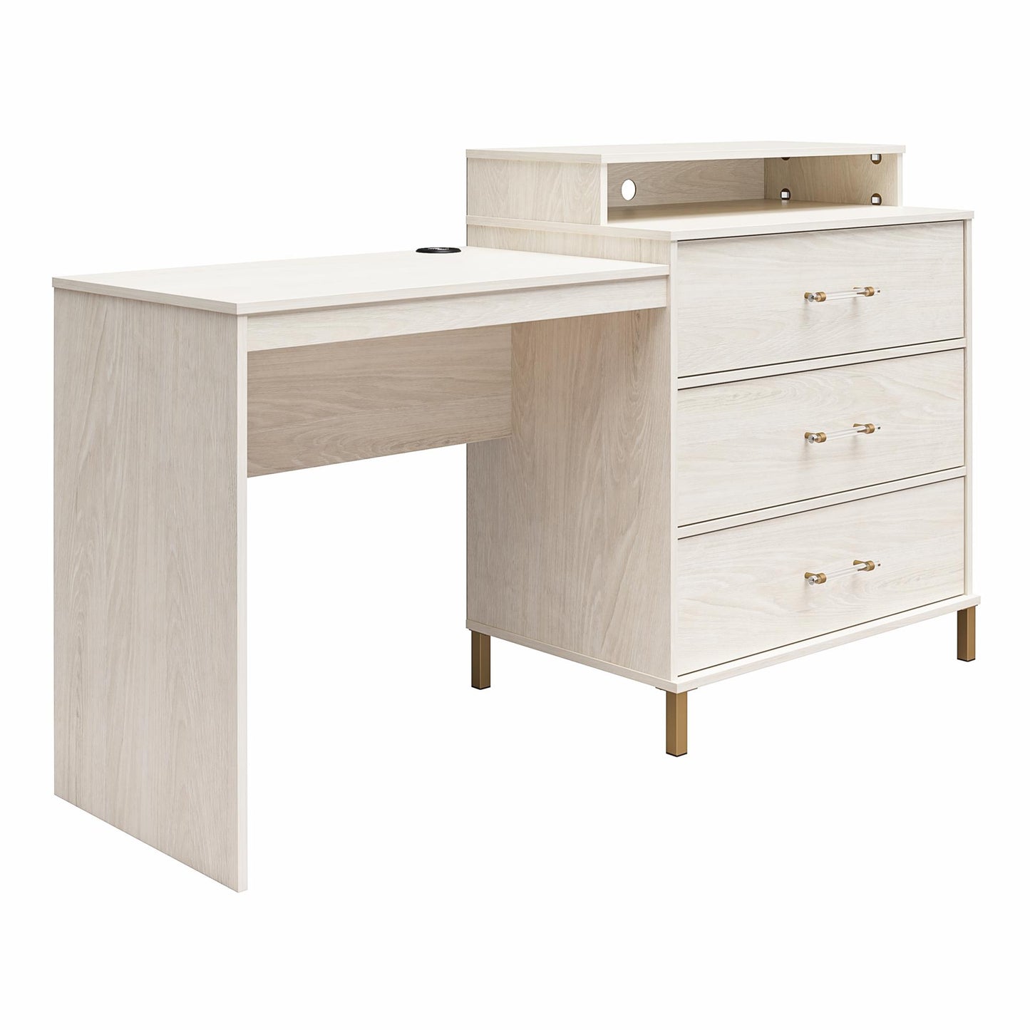 Kalissa Dresser / Desk Combo with Wireless Charger, White Oak with Gold - White Oak