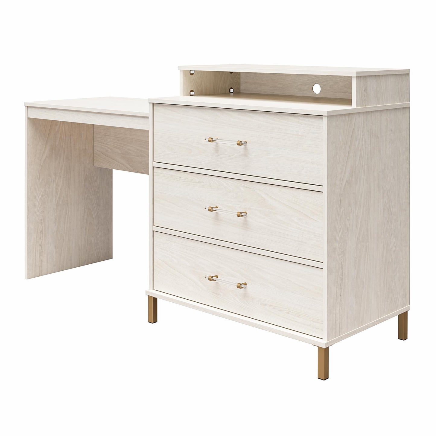Kalissa Dresser / Desk Combo with Wireless Charger, White Oak with Gold - White Oak