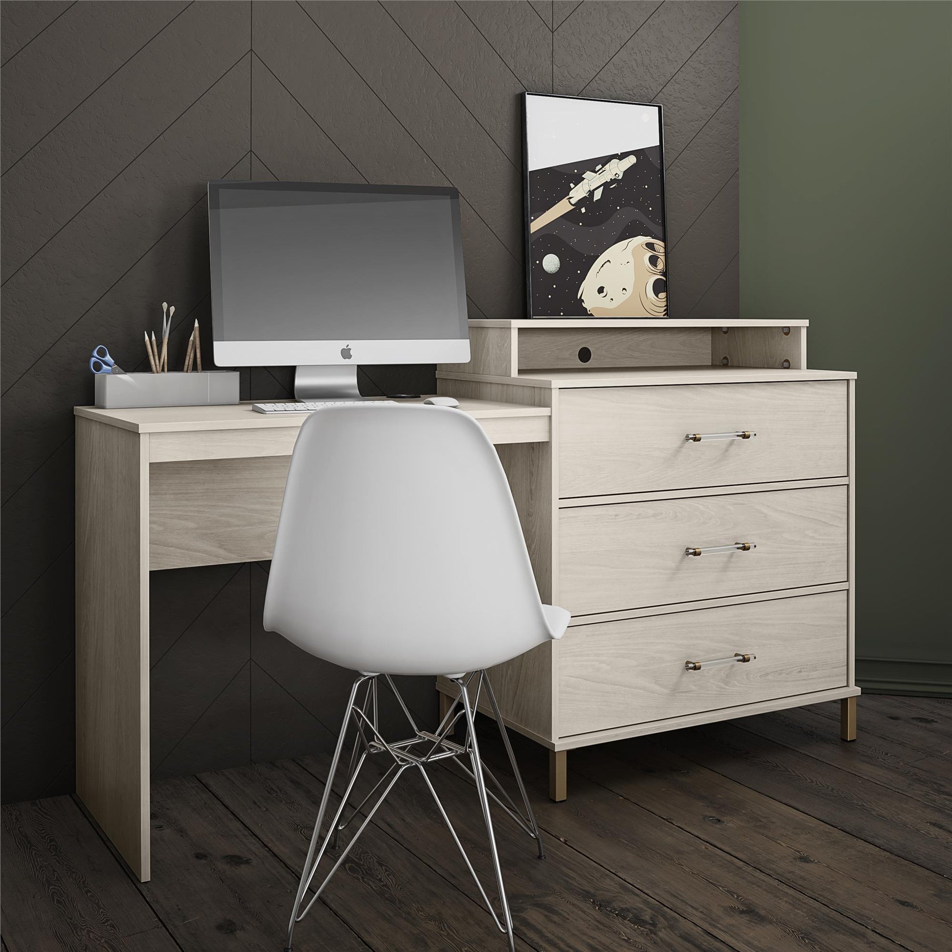 Kalissa Dresser / Desk Combo with Wireless Charger, White Oak with Gold - White Oak