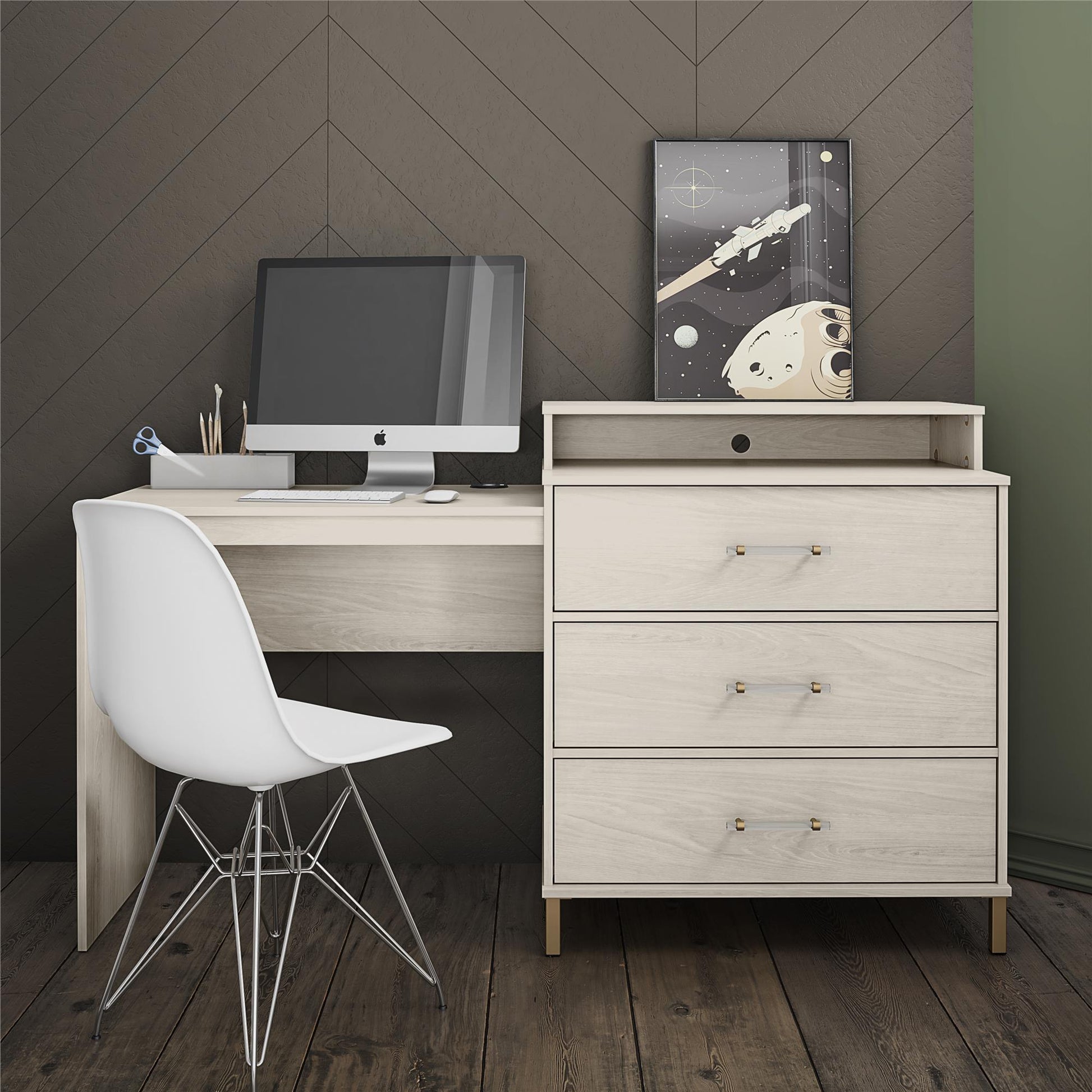 Kalissa Dresser / Desk Combo with Wireless Charger, White Oak with Gold - White Oak