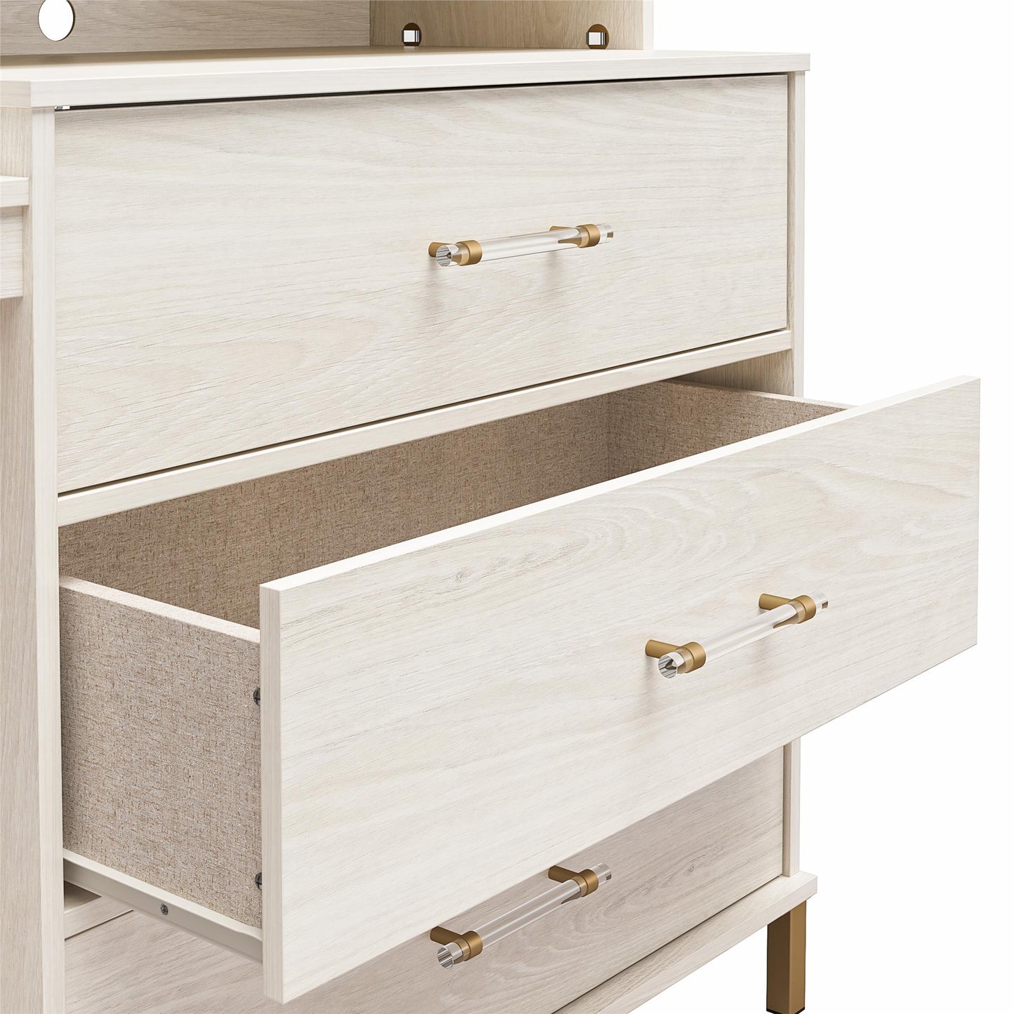 Kalissa Dresser / Desk Combo with Wireless Charger, White Oak with Gold - White Oak