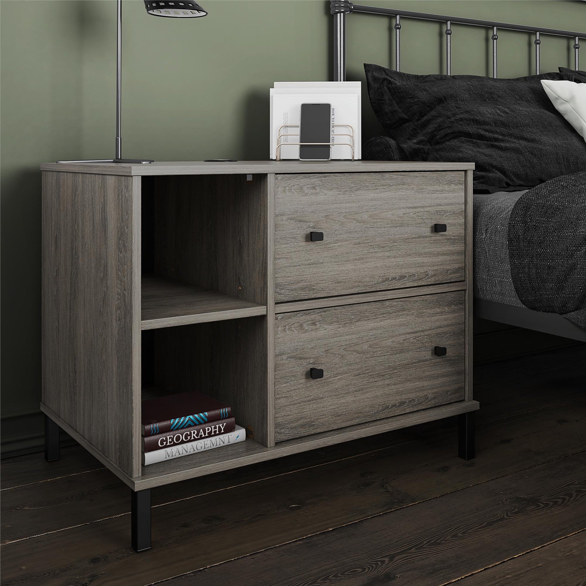 Kalissa Wide Nightstand with Wireless Charger, Gray Oak with Black - Gray Oak
