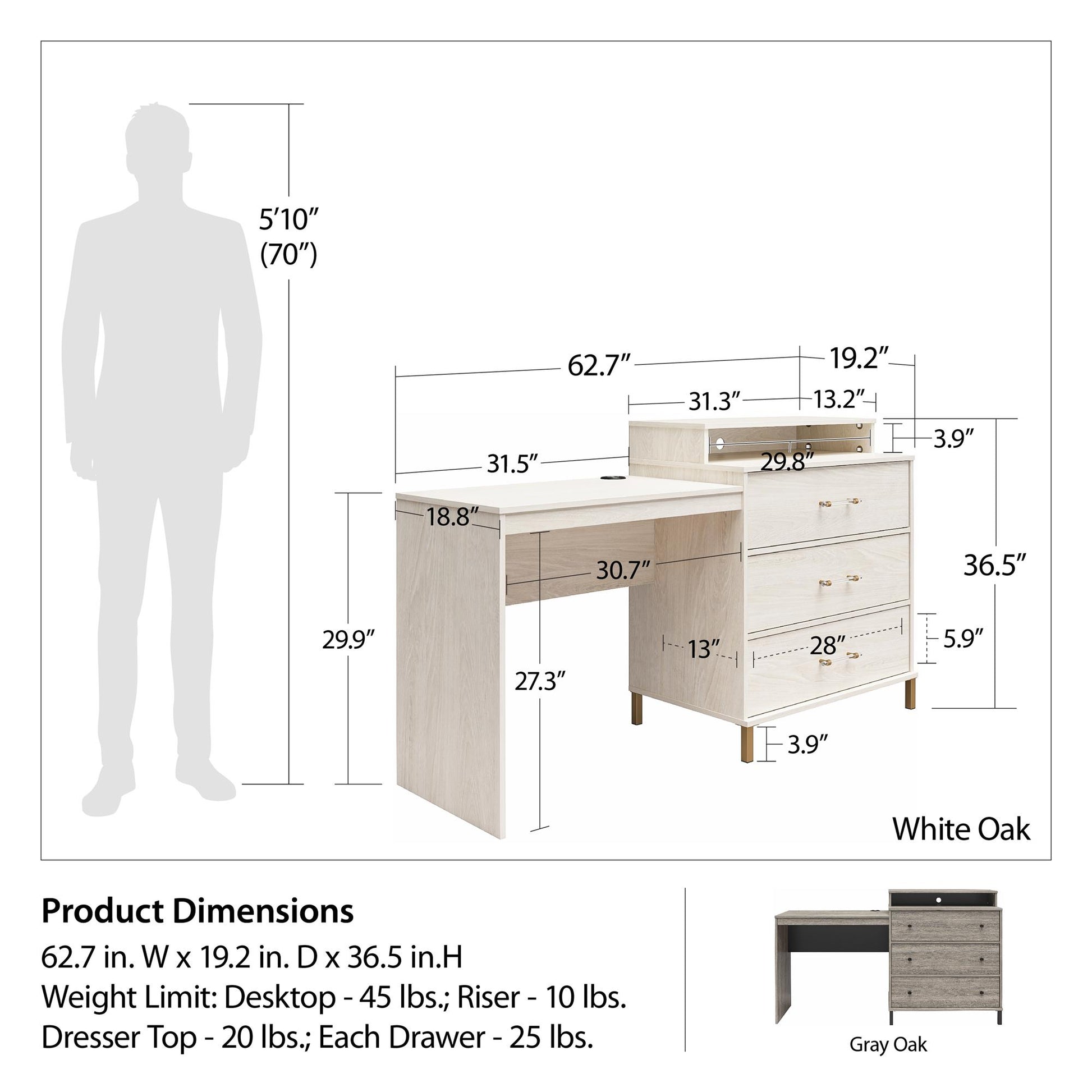 Kalissa Dresser / Desk Combo with Wireless Charger, Gray Oak with Black - Gray Oak