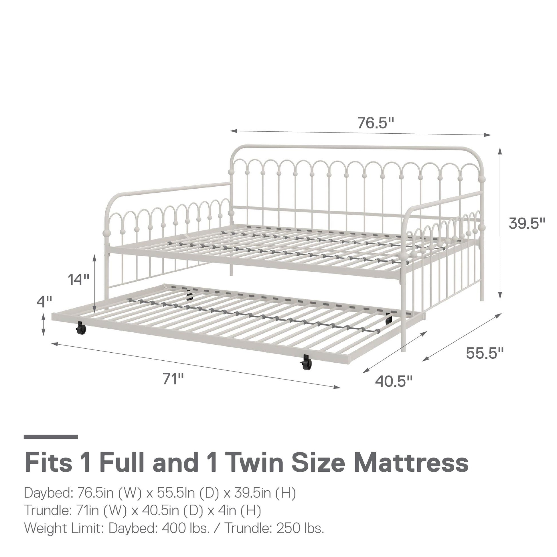 Novogratz Bright Pop Metal Daybed with Trundle, Full/Twin, Off White - Off White - Full-Over-Twin