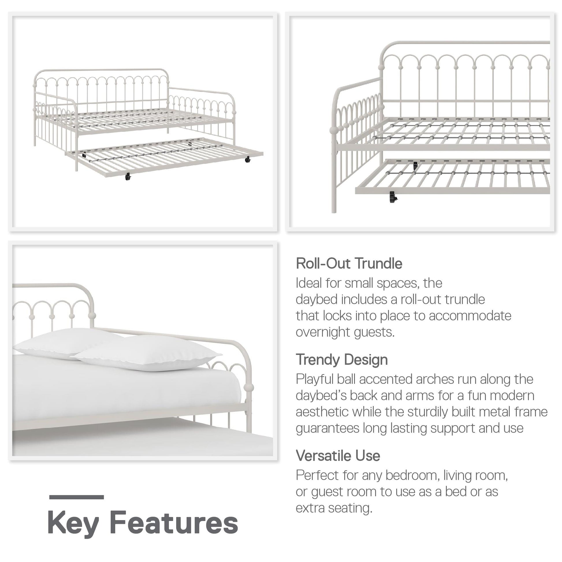 Novogratz Bright Pop Metal Daybed with Trundle, Full/Twin, Off White - Off White - Full-Over-Twin