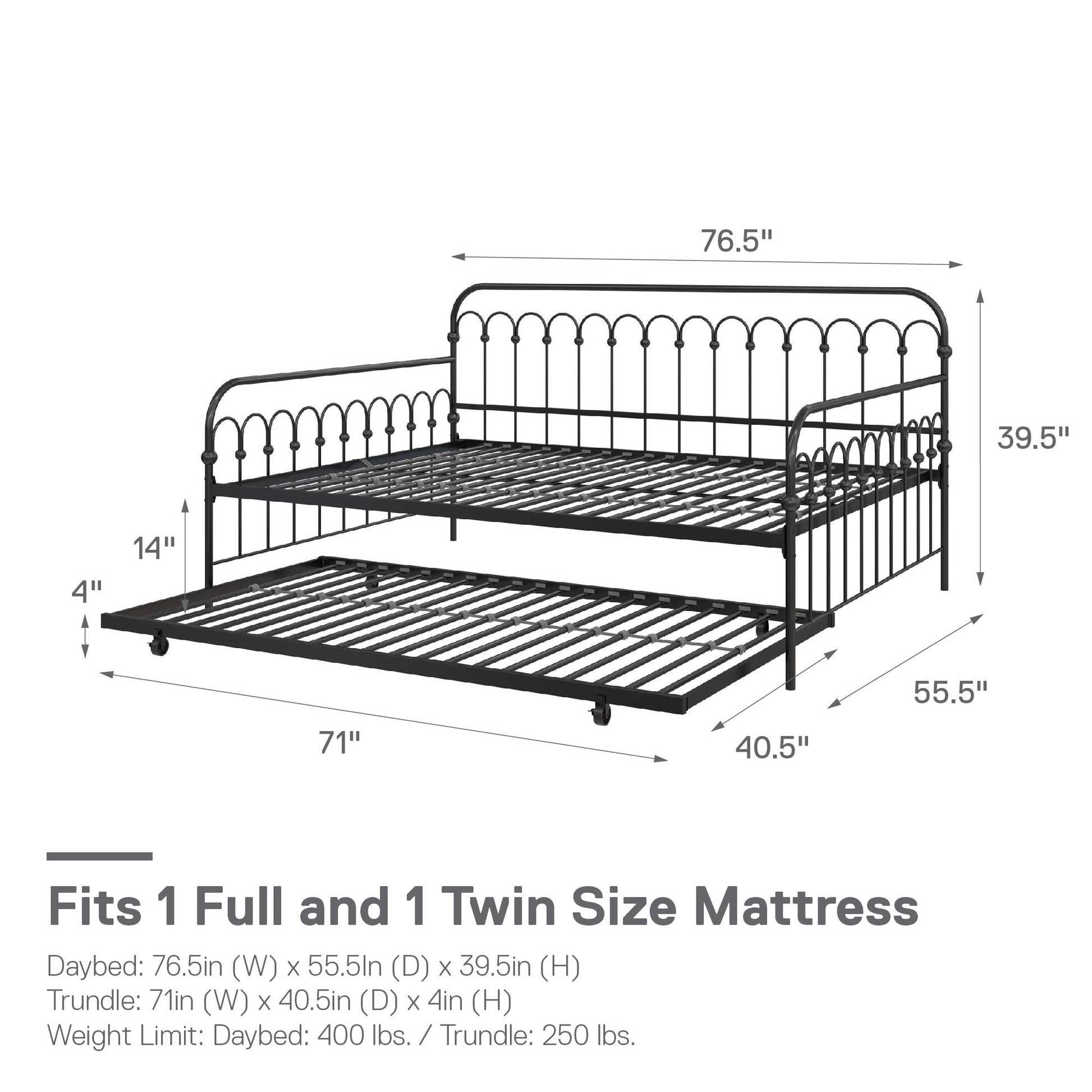 Novogratz Bright Pop Metal Daybed with Trundle, Full/Twin, Black - Black - Full-Over-Twin
