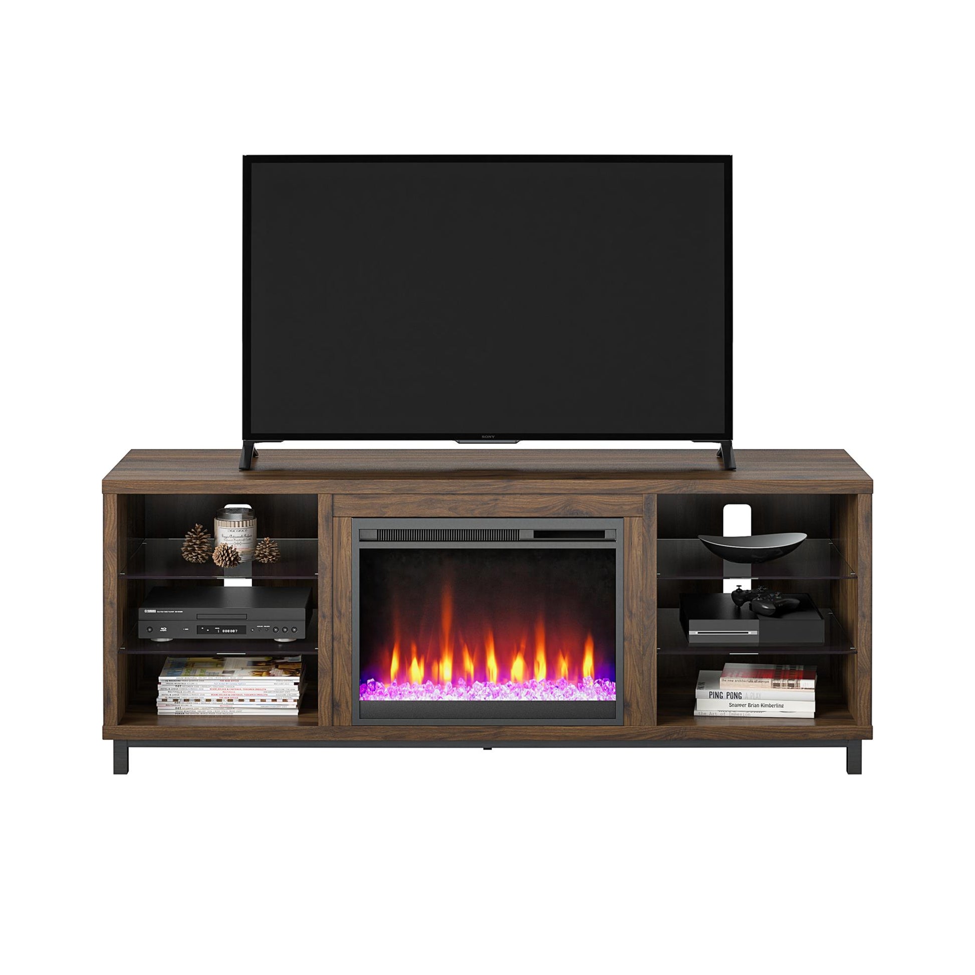 Lumina Fireplace TV Stand for TVs up to 70 Inch with 7 Color LED Lights - Columbia Walnut - 66”-70”