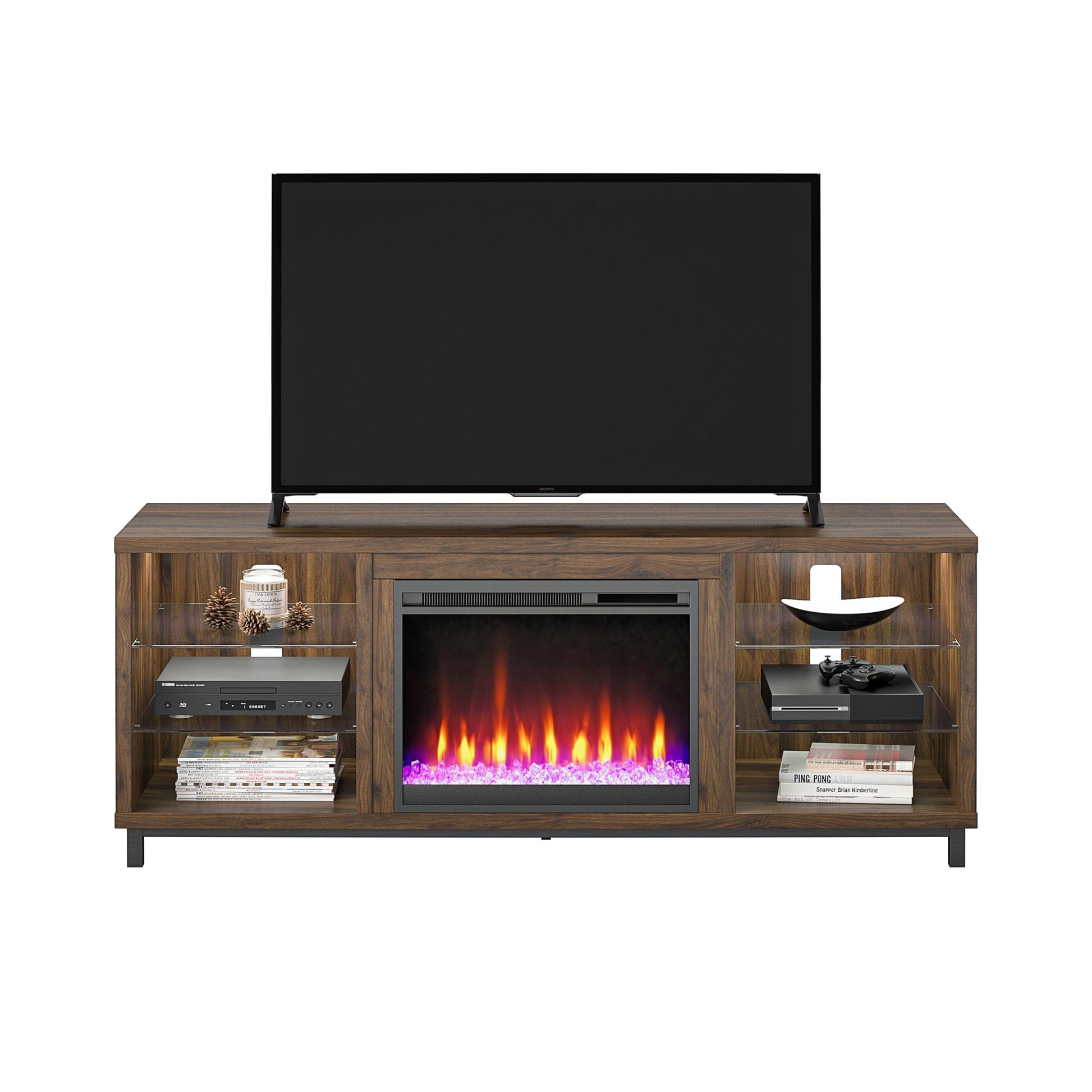 Lumina Fireplace TV Stand for TVs up to 70 Inch with 7 Color LED Lights - Columbia Walnut - 66”-70”