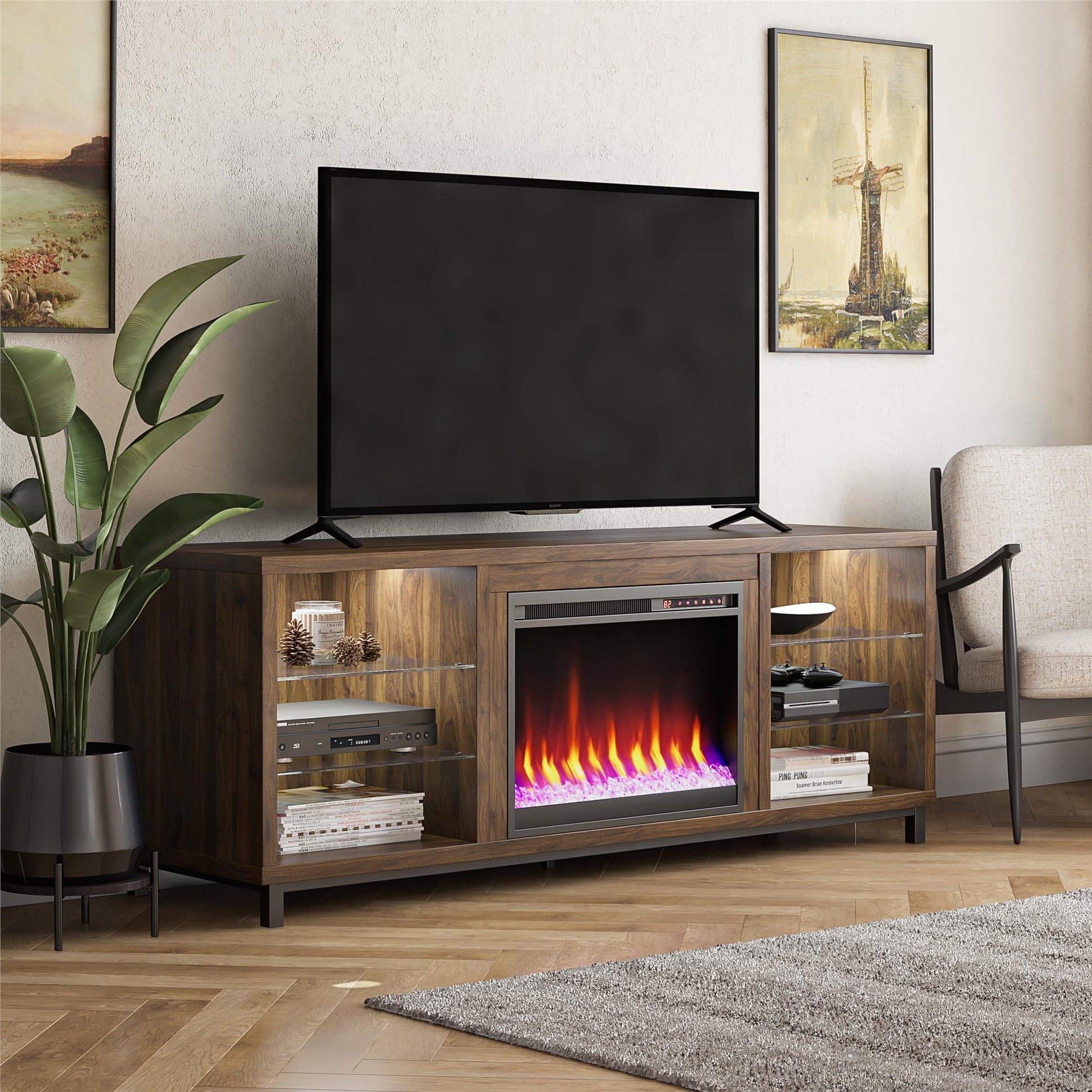 Lumina Fireplace TV Stand for TVs up to 70 Inch with 7 Color LED Lights - Columbia Walnut - 66”-70”