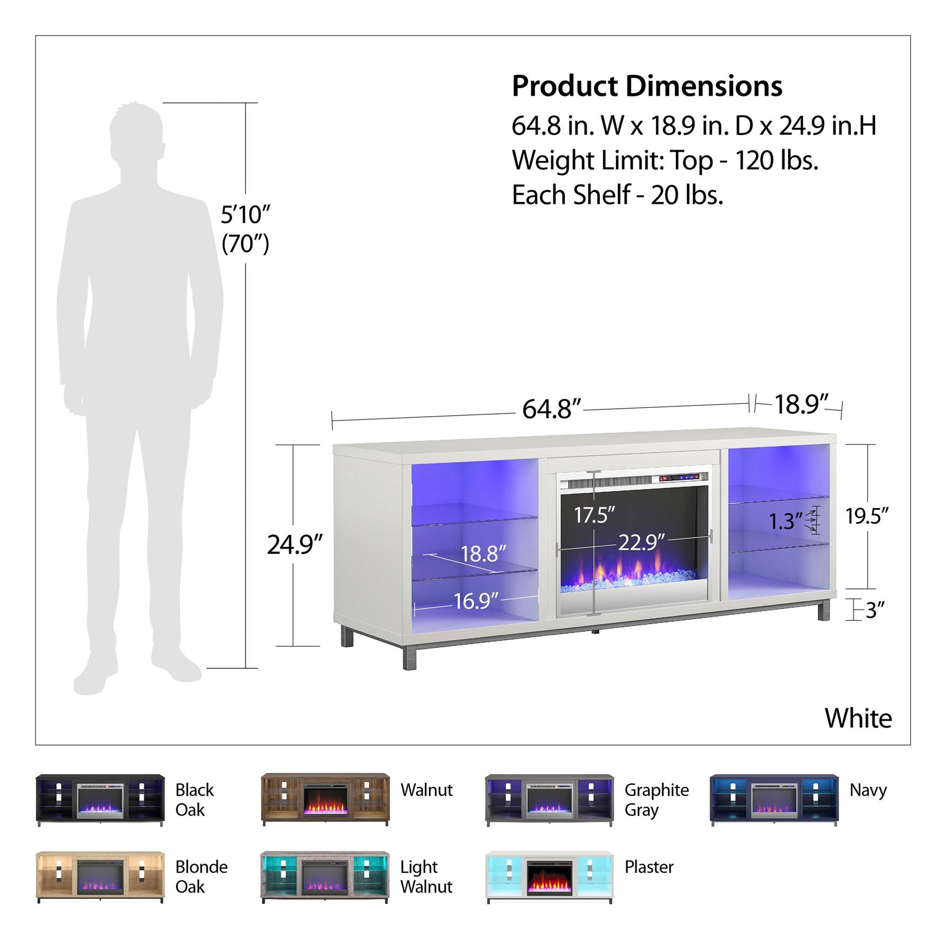 Lumina Fireplace TV Stand for TVs up to 70 Inch with 7 Color LED Lights - Columbia Walnut - 66”-70”