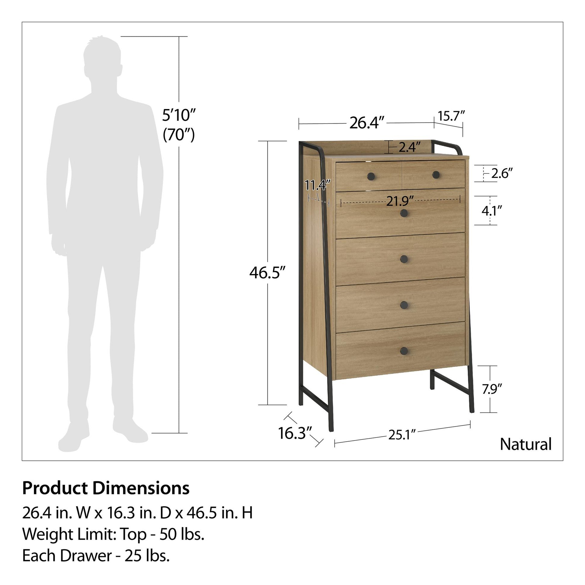 Bushwick Tall 5 Drawer Dresser - Natural