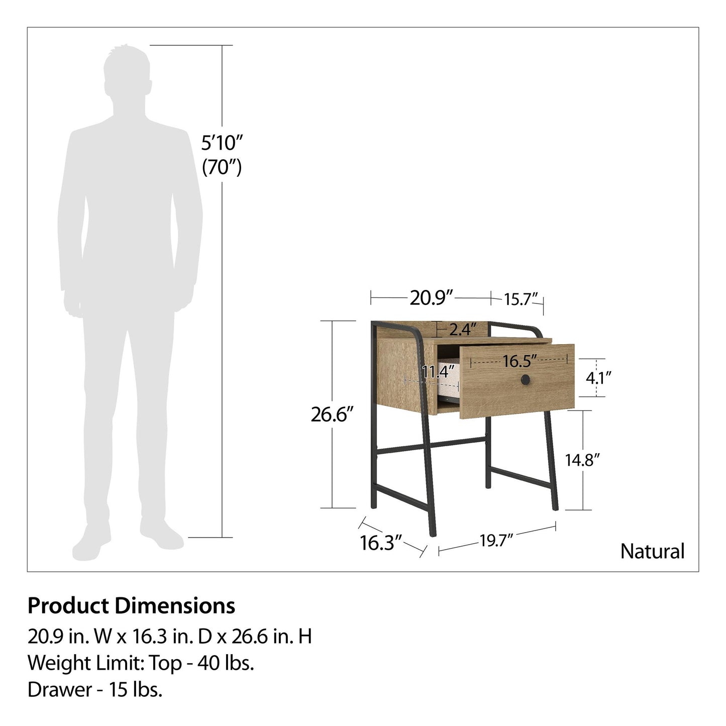 Bushwick Nightstand with Drawer - Natural