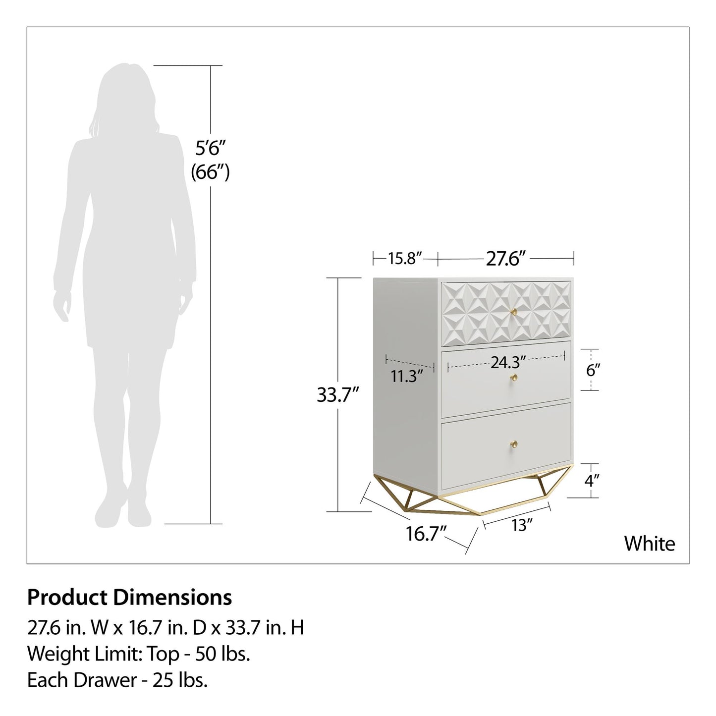CosmoLiving by Cosmopolitan Blair 3 Drawer Dresser, White - White
