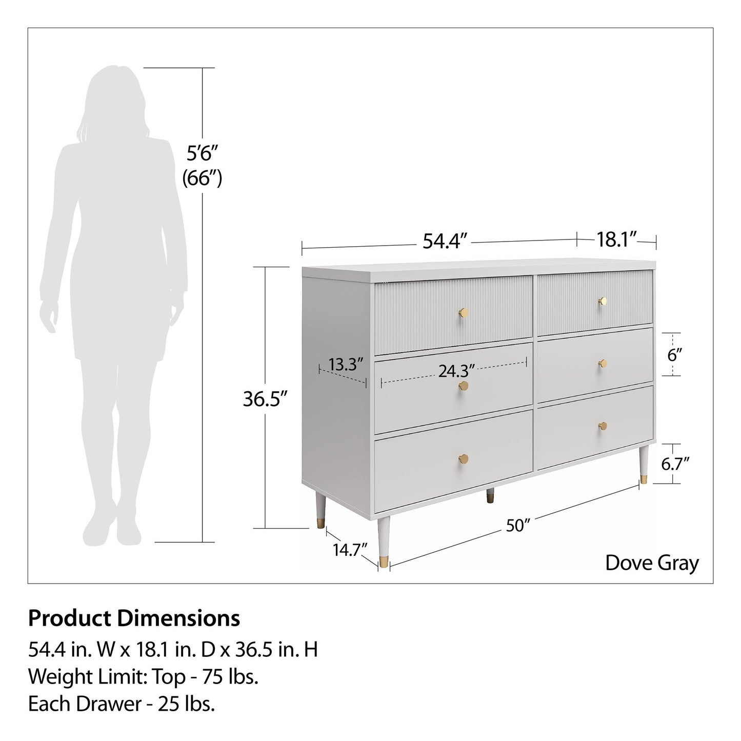 CosmoLiving by Cosmopolitan Elizabeth 6 Drawer Dresser, Dove Gray - Dove Gray