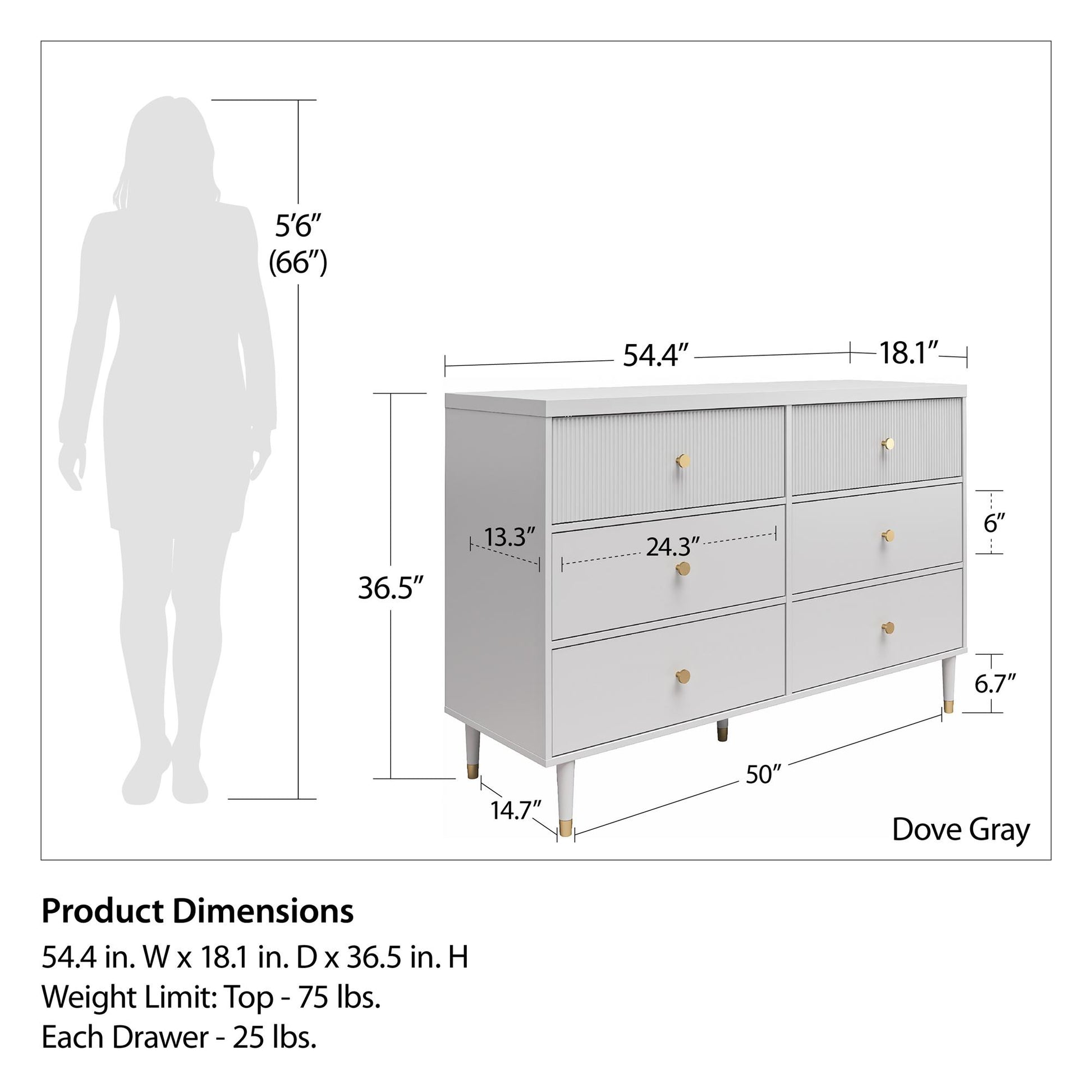 CosmoLiving by Cosmopolitan Elizabeth 6 Drawer Dresser, Dove Gray - Dove Gray