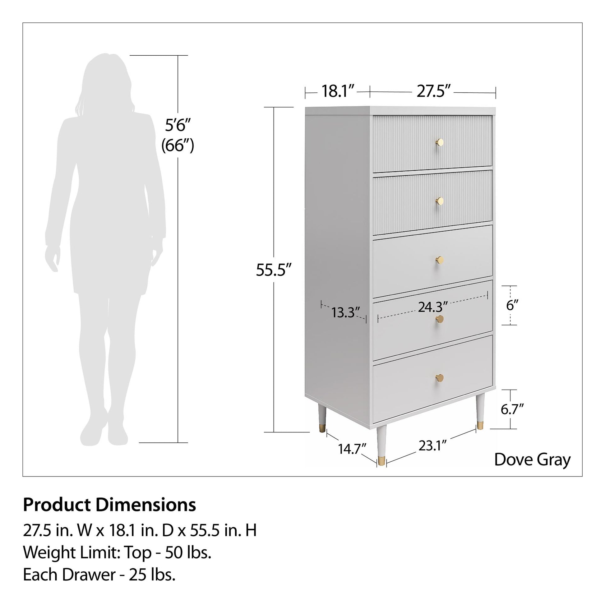 CosmoLiving by Cosmopolitan Elizabeth 5 Drawer Dresser, Dove Gray - Dove Gray