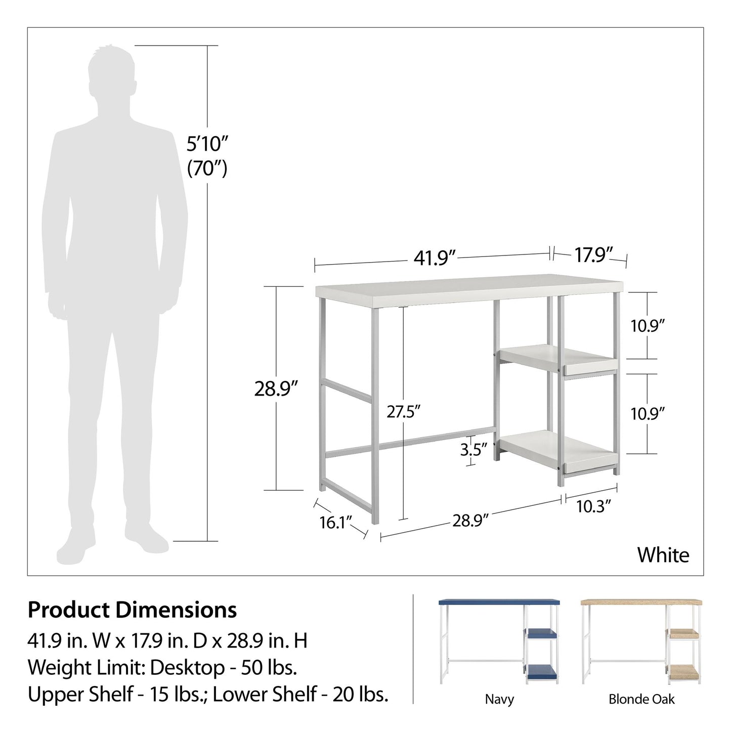 Kimberly Kids Desk with Reversible Shelves and Large Work Surface - White