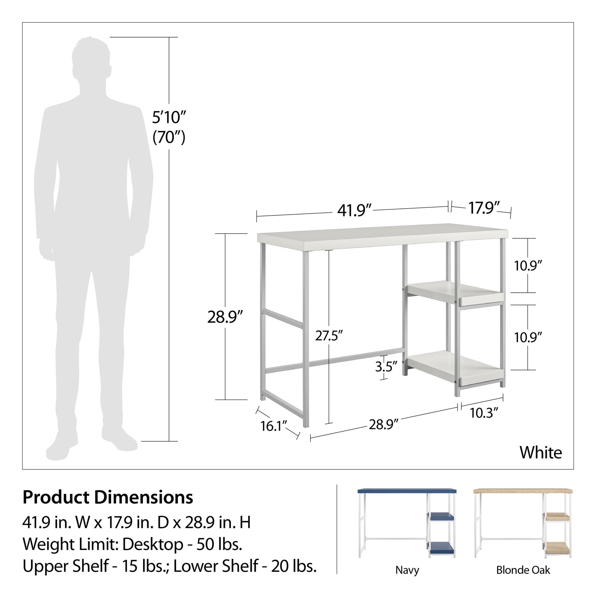 Kimberly Kids Desk with Reversible Shelves and Large Work Surface - White