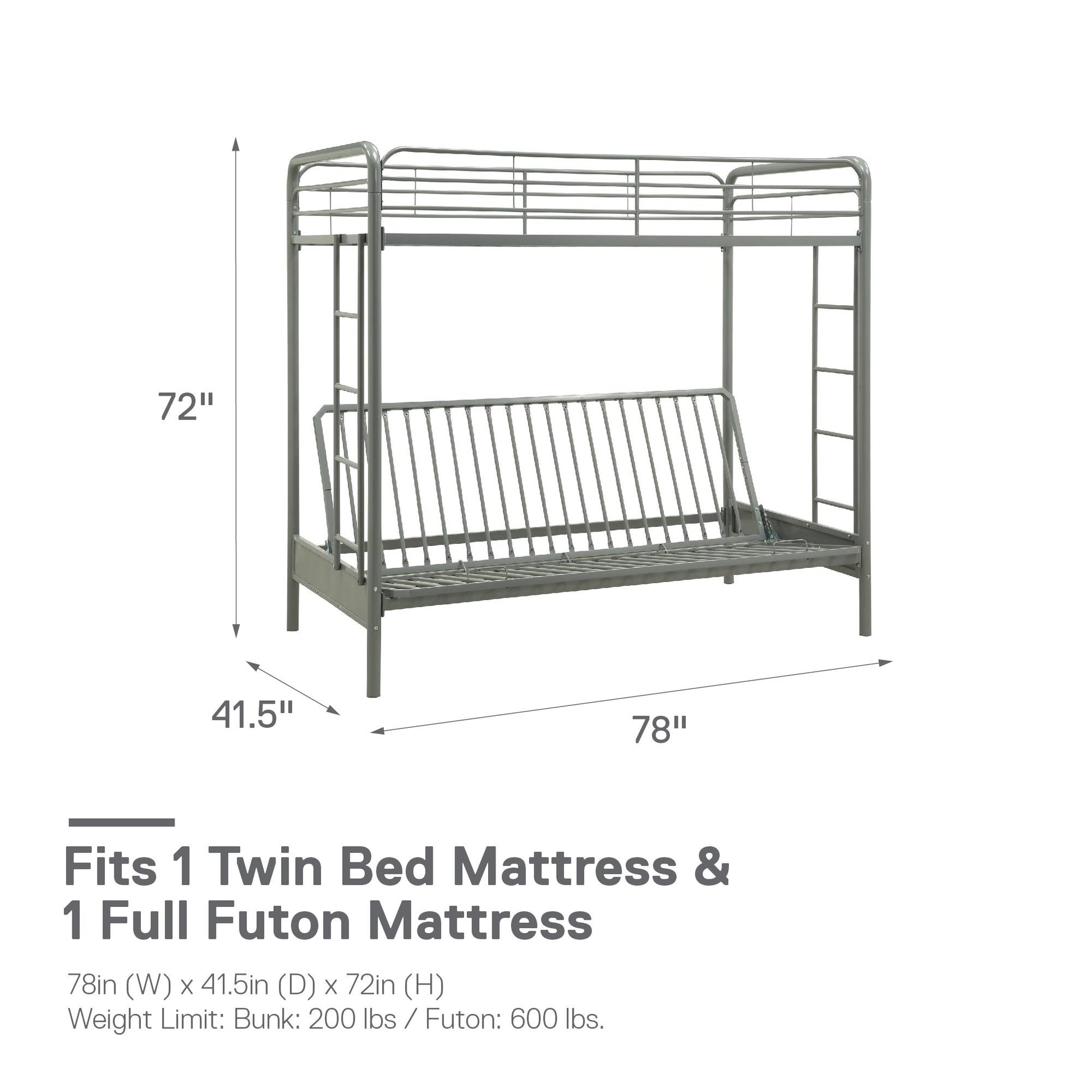 Sammie Twin over Futon Metal Bunk Bed with Integrated Ladders and Guardrails - Silver - Twin-Over-Futon