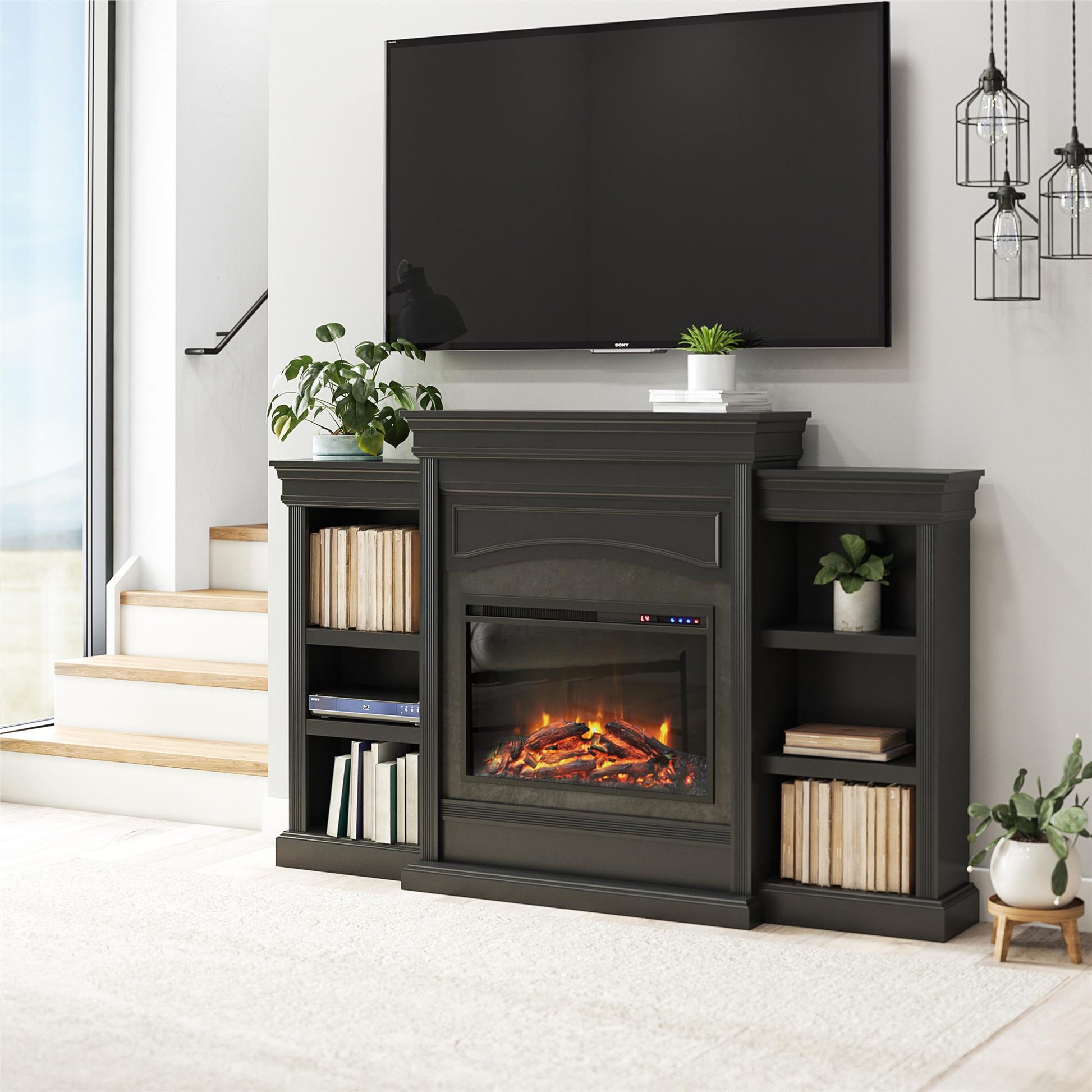 Lamont Mantel Fireplace with Side Shelves and 26 Inch Fireplace Insert - Black