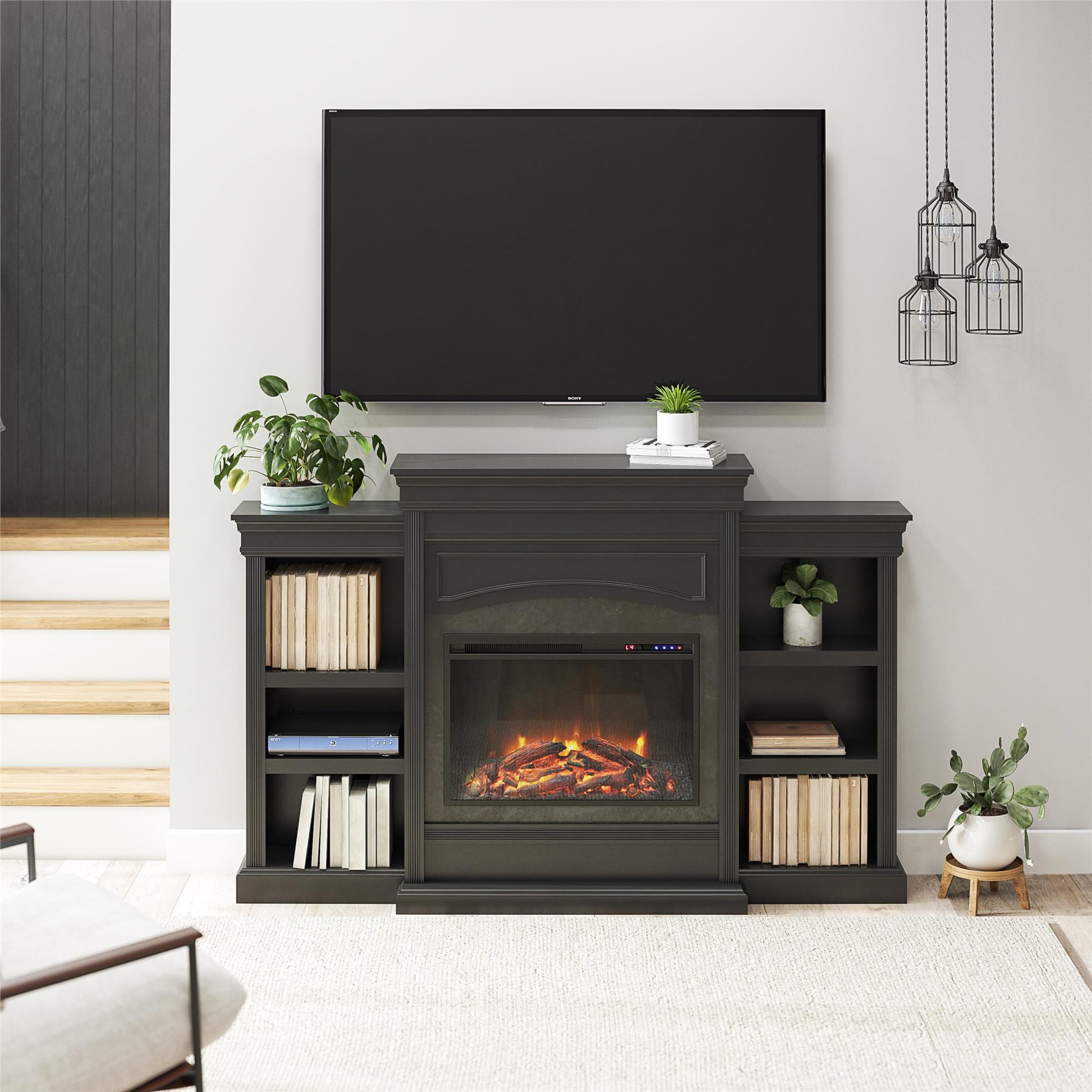 Lamont Mantel Fireplace with Side Shelves and 26 Inch Fireplace Insert - Black