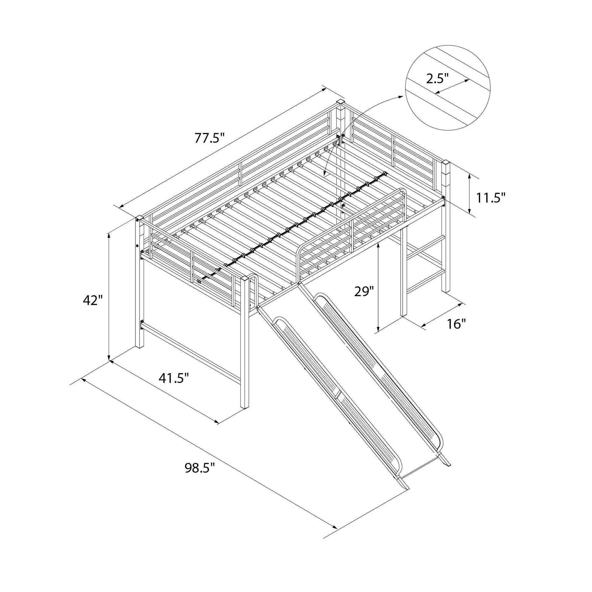 Laurie Junior Loft Bed with Metal Frame and Built-In Slide - Silver / Blue - Twin