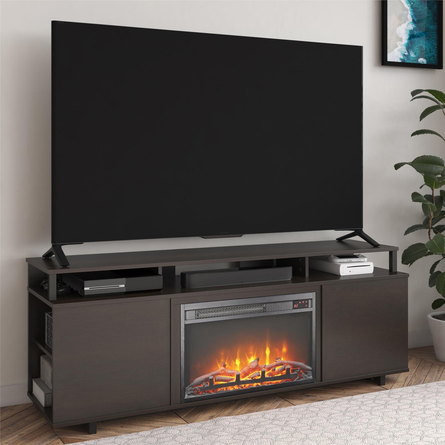 Mason Fireplace TV Stand for TVs up to 65 Inch with 4 Open Side Shelves - Espresso
