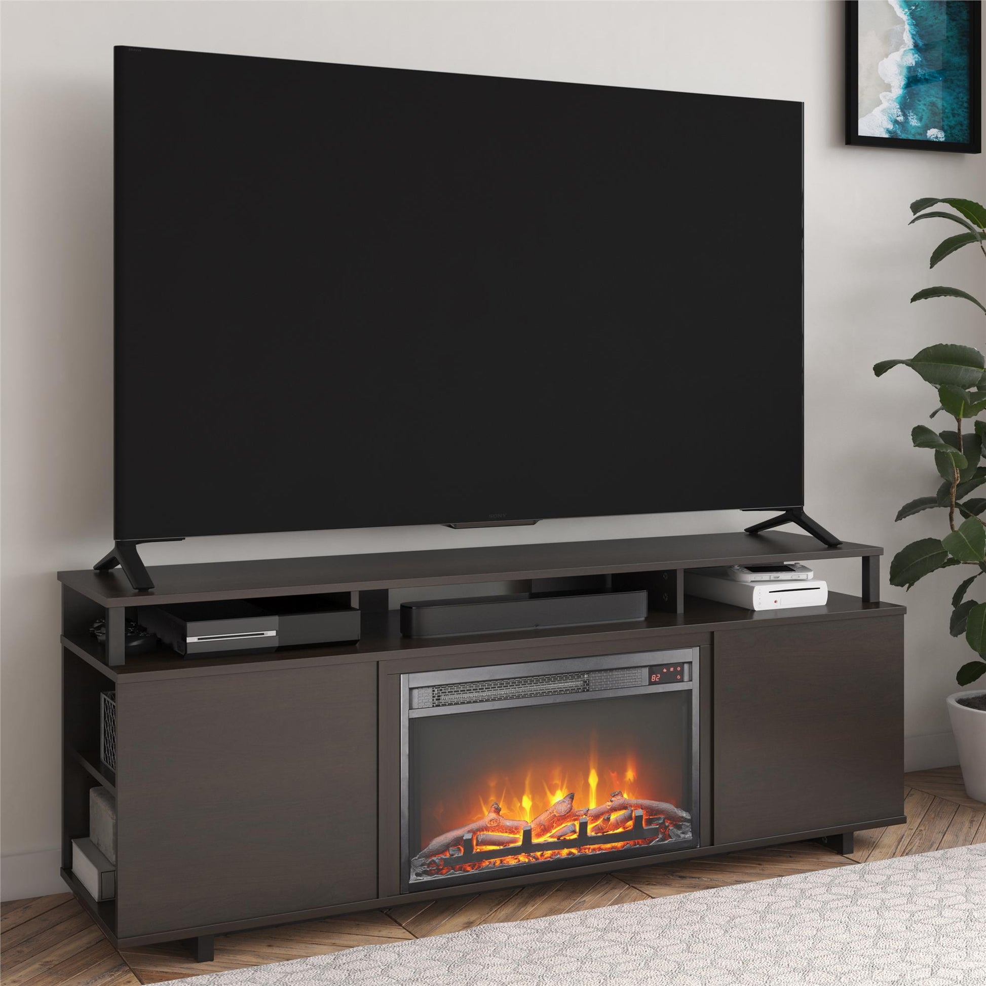 Mason Fireplace TV Stand for TVs up to 65 Inch with 4 Open Side Shelves - Espresso