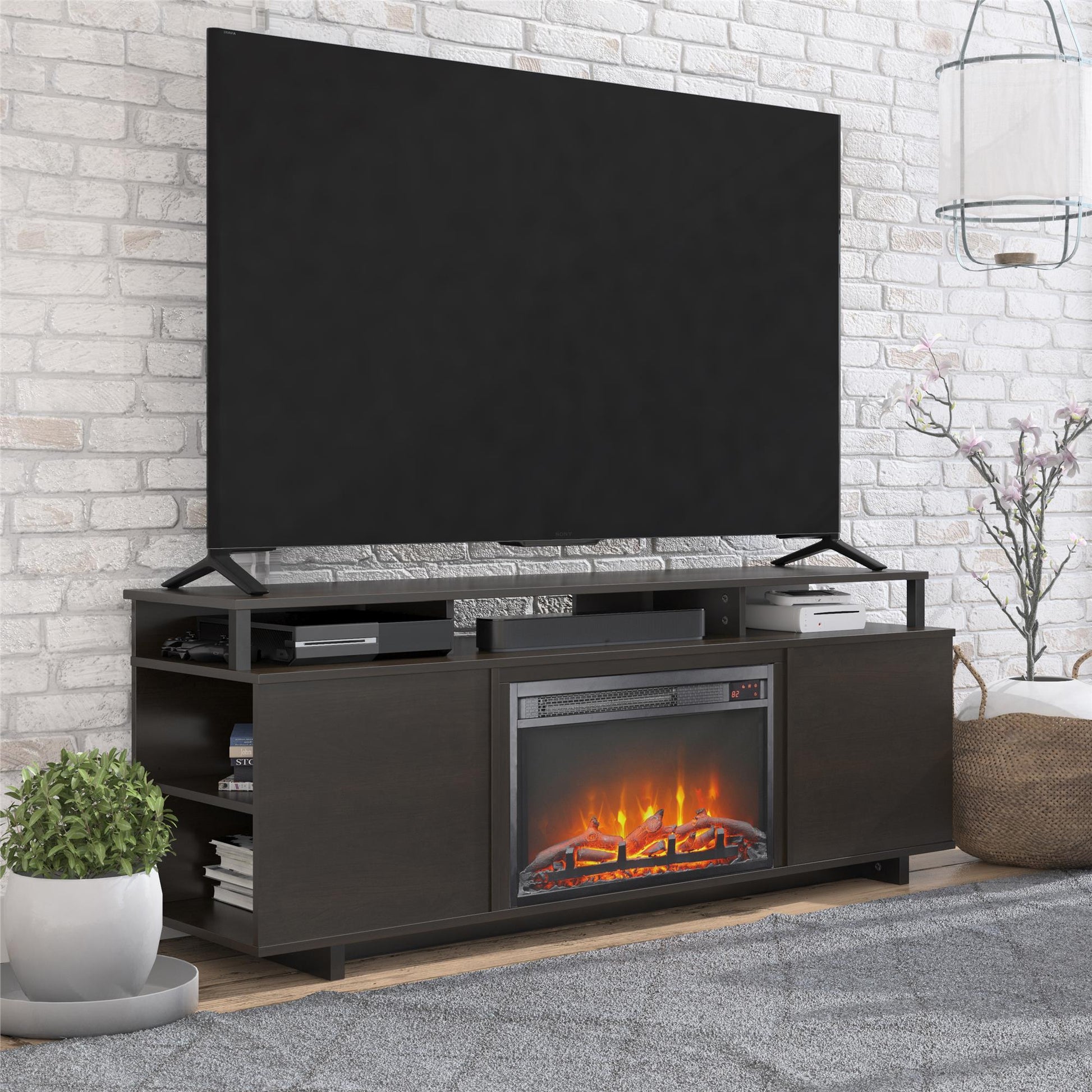 Mason Fireplace TV Stand for TVs up to 65 Inch with 4 Open Side Shelves - Espresso