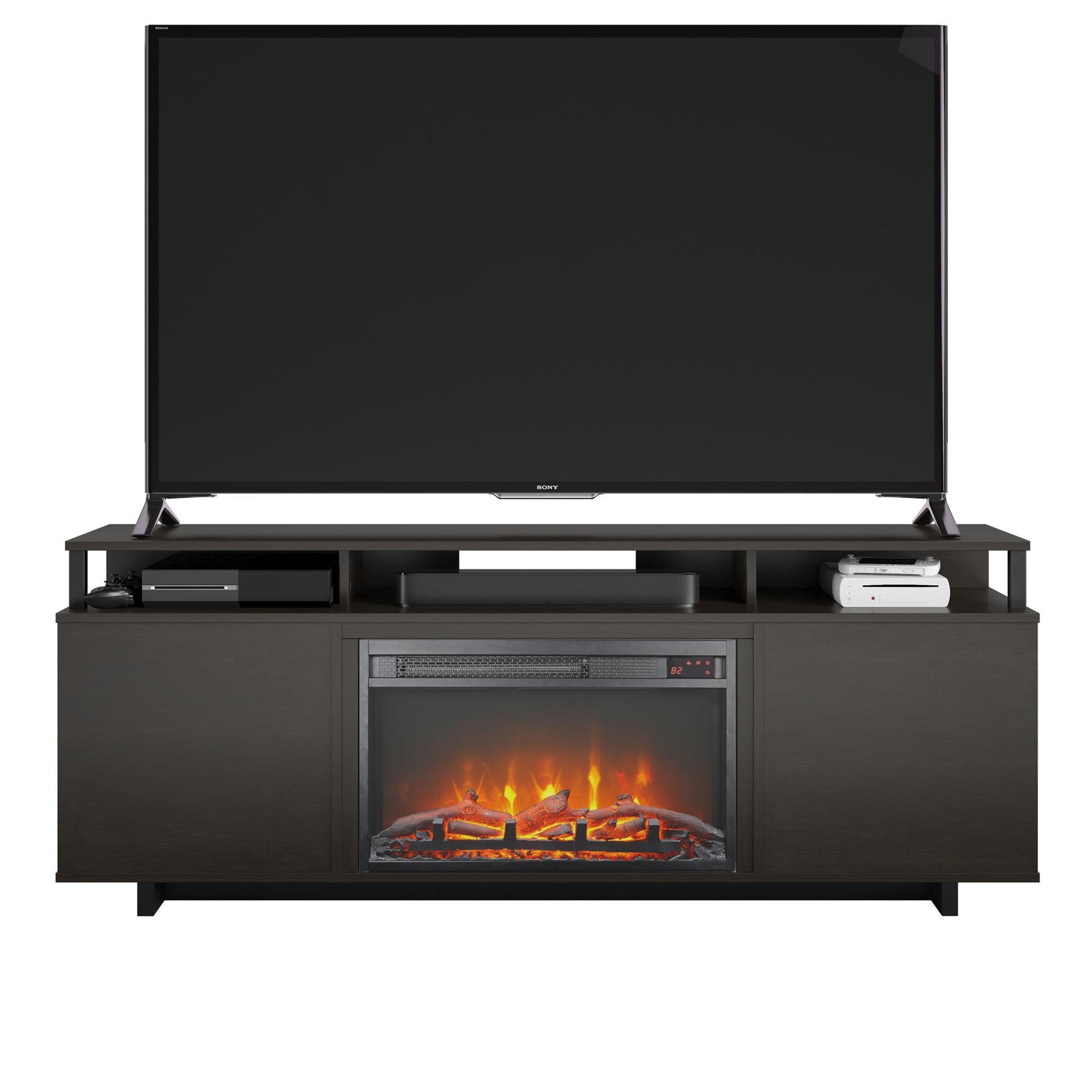 Mason Fireplace TV Stand for TVs up to 65 Inch with 4 Open Side Shelves - Espresso