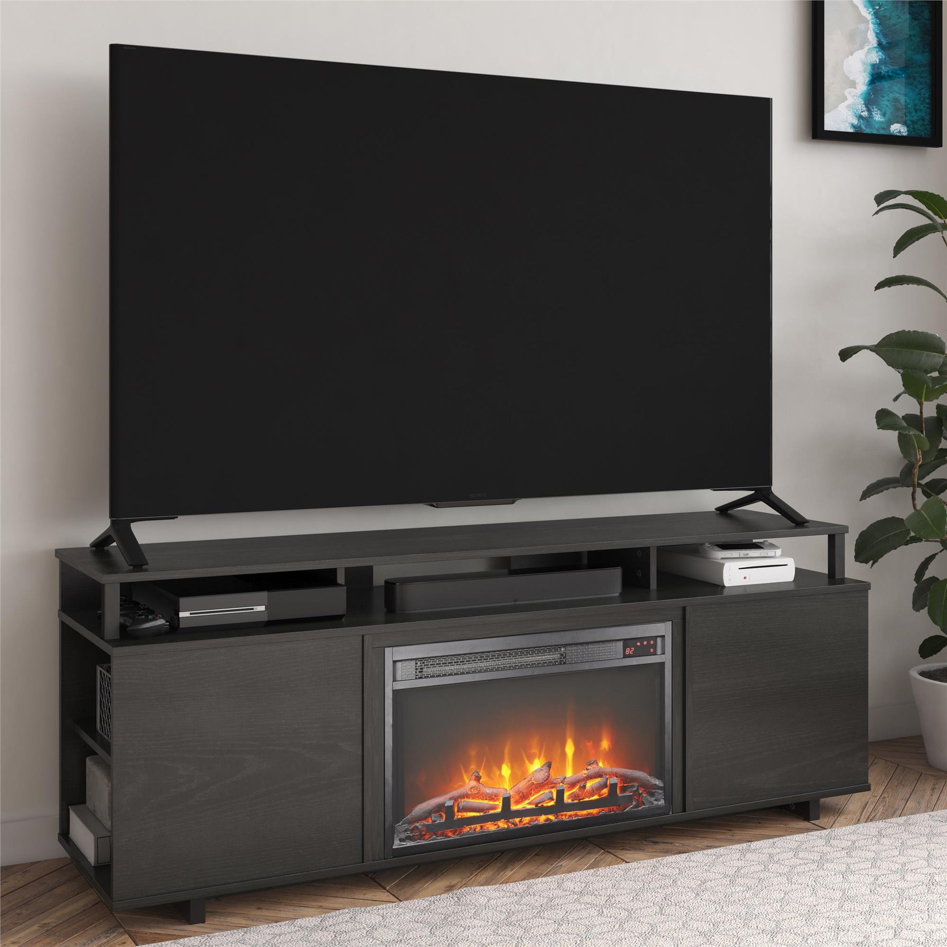 Mason Fireplace TV Stand for TVs up to 65 Inch with 4 Open Side Shelves - Black Oak
