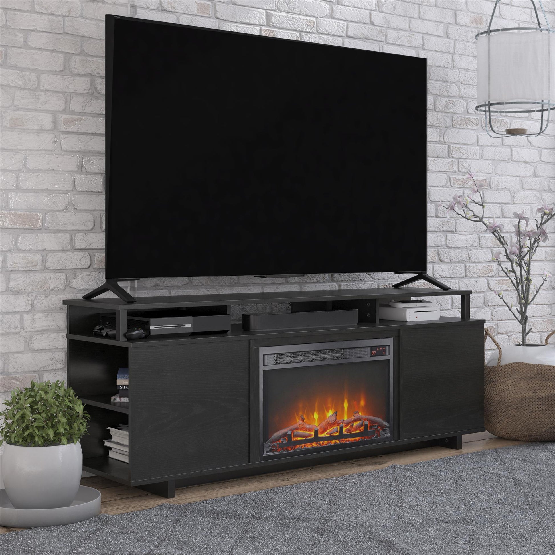 Mason Fireplace TV Stand for TVs up to 65 Inch with 4 Open Side Shelves - Black Oak