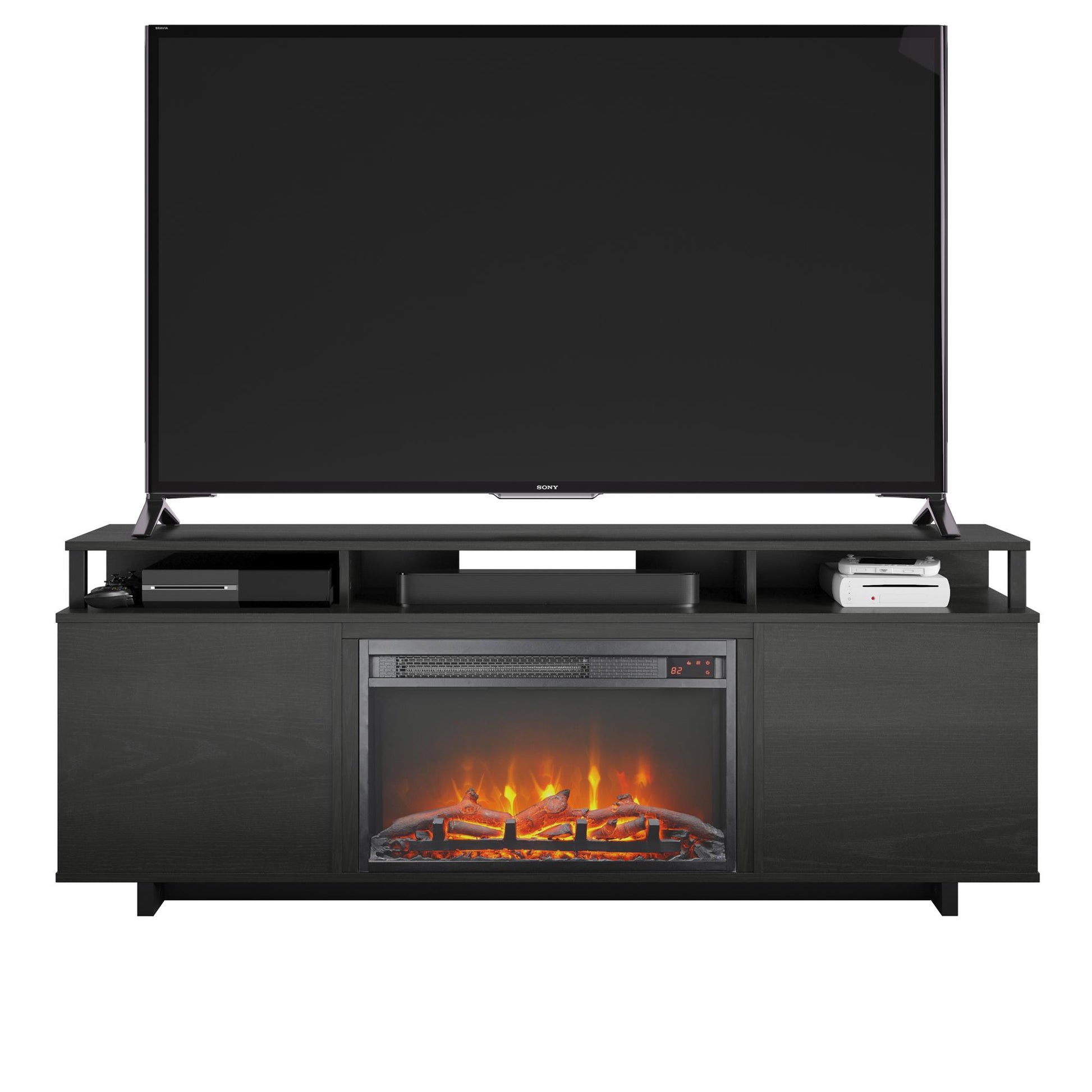 Mason Fireplace TV Stand for TVs up to 65 Inch with 4 Open Side Shelves - Black Oak