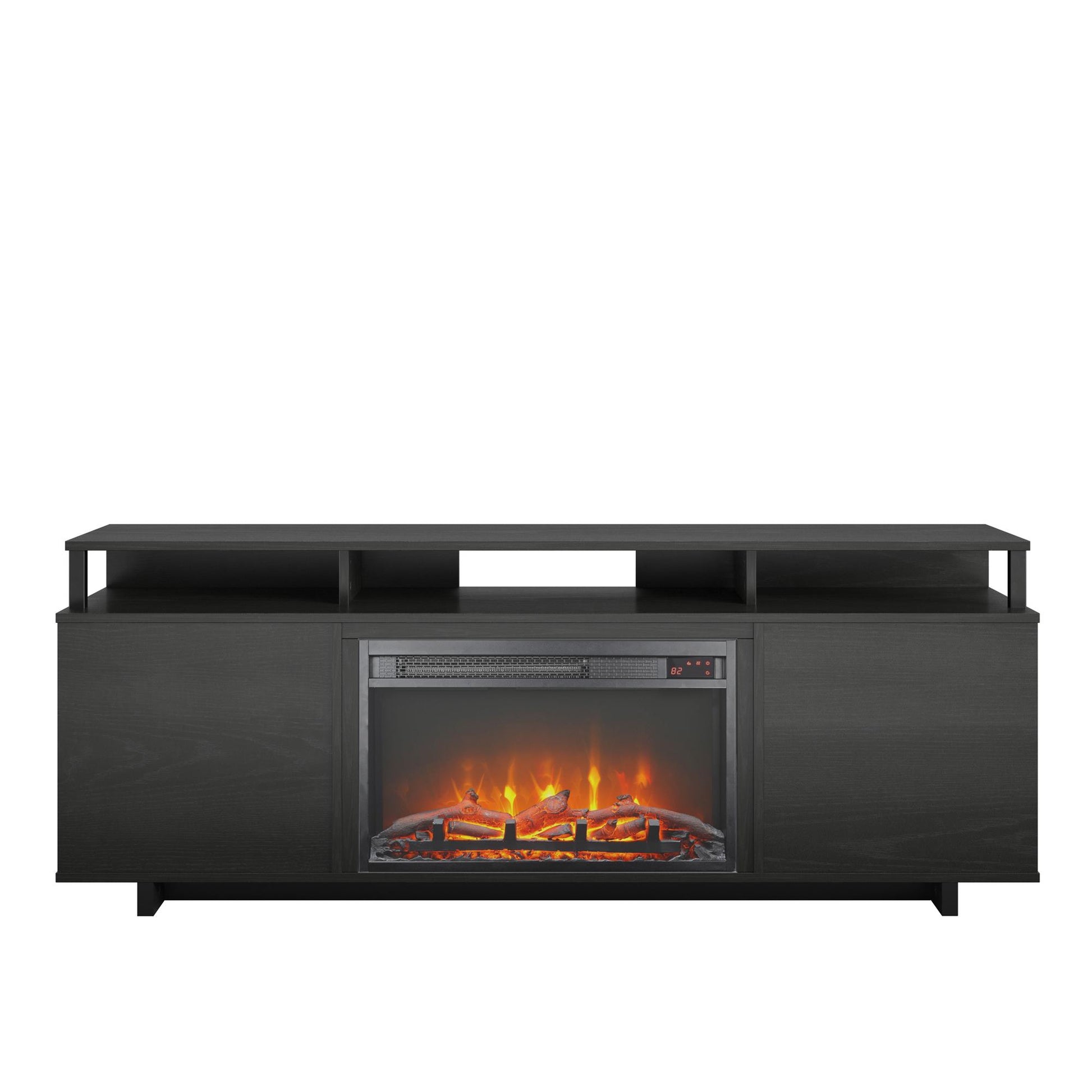 Mason Fireplace TV Stand for TVs up to 65 Inch with 4 Open Side Shelves - Black Oak