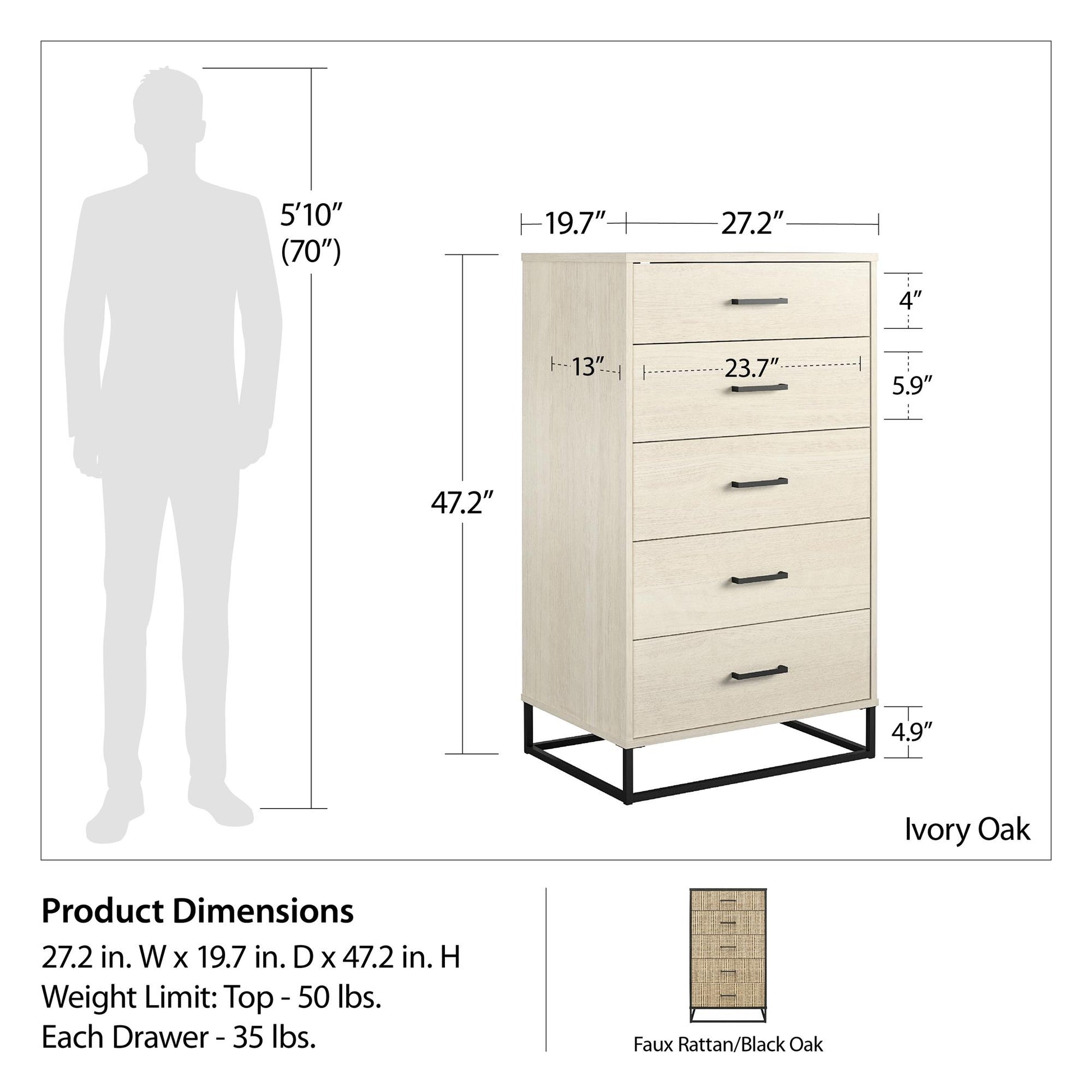 Kelly 5 Drawer Dresser, Faux Rattan & Black Oak - Black Oak