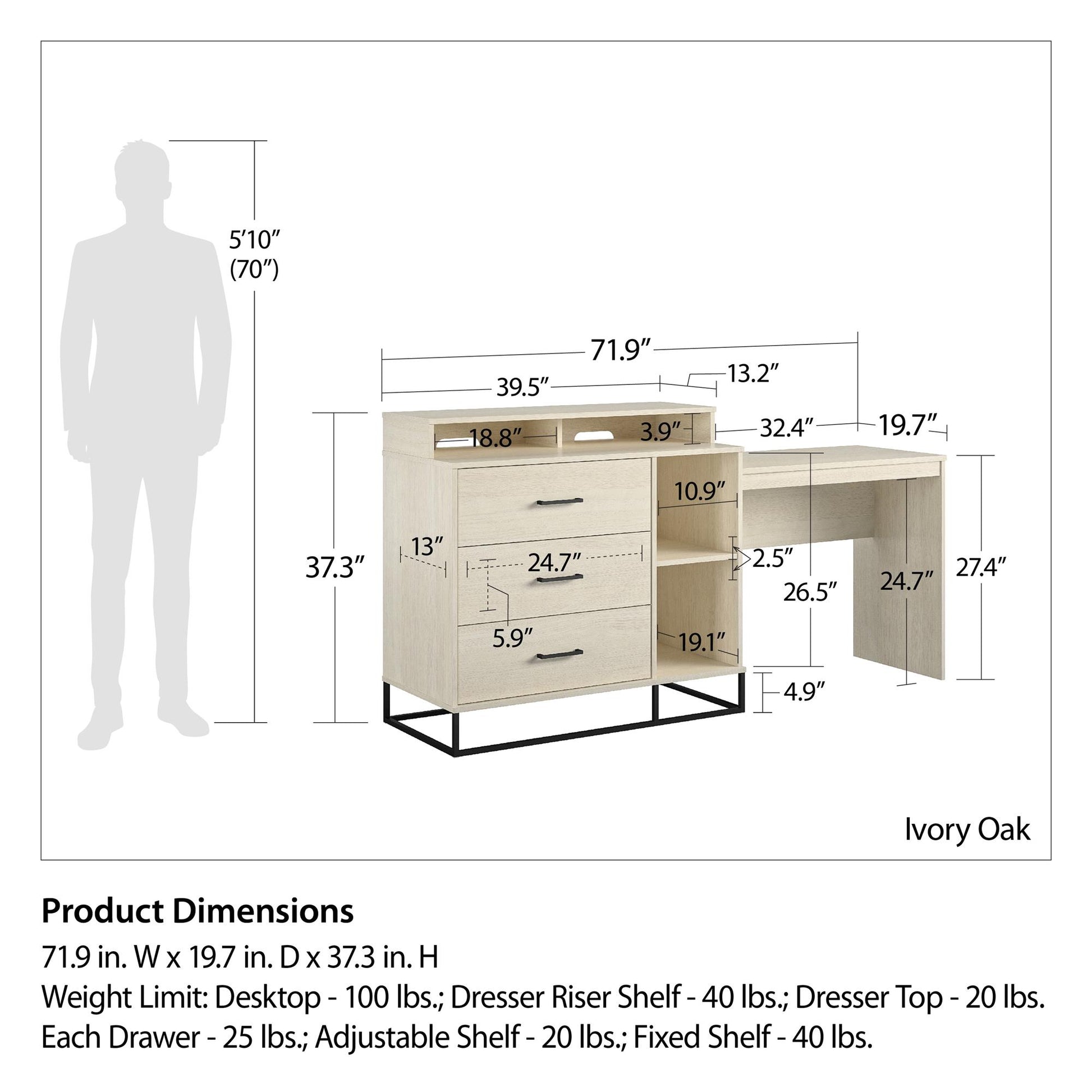 Kelly 3 in 1 Media Dresser and Desk Combo, Ivory Oak - Ivory Oak