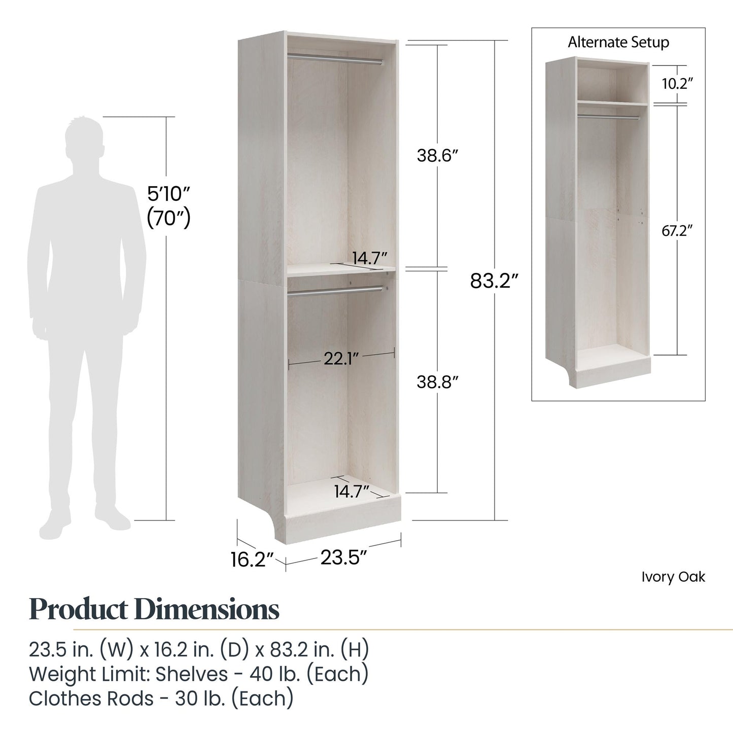 Elba Open Shelf and Hanging Clothing Rod Modular Closest Unit - Ivory Oak