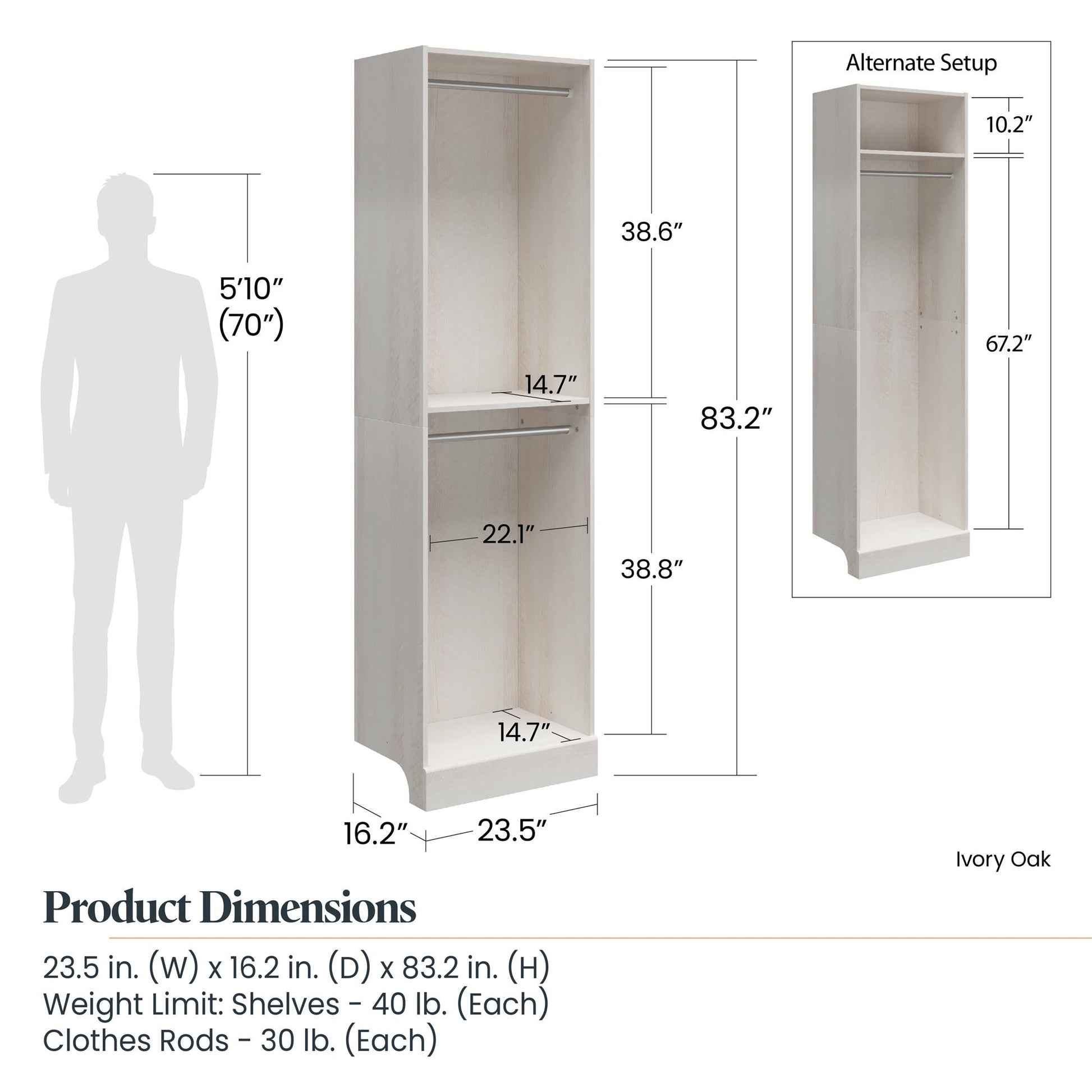 Elba Open Shelf and Hanging Clothing Rod Modular Closest Unit - Ivory Oak