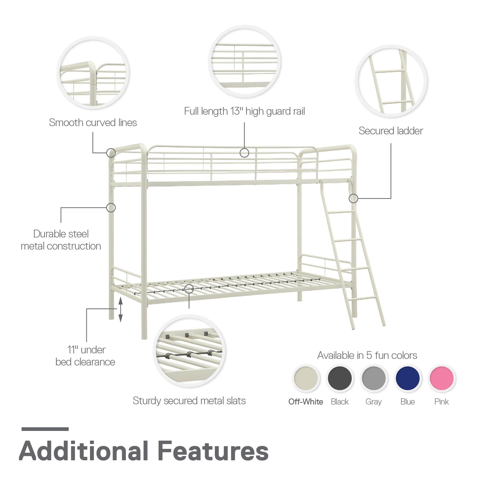 Dusty Twin over Twin Metal Bunk Bed with Slanted Front Ladder and Guardrails - White - Twin-Over-Twin