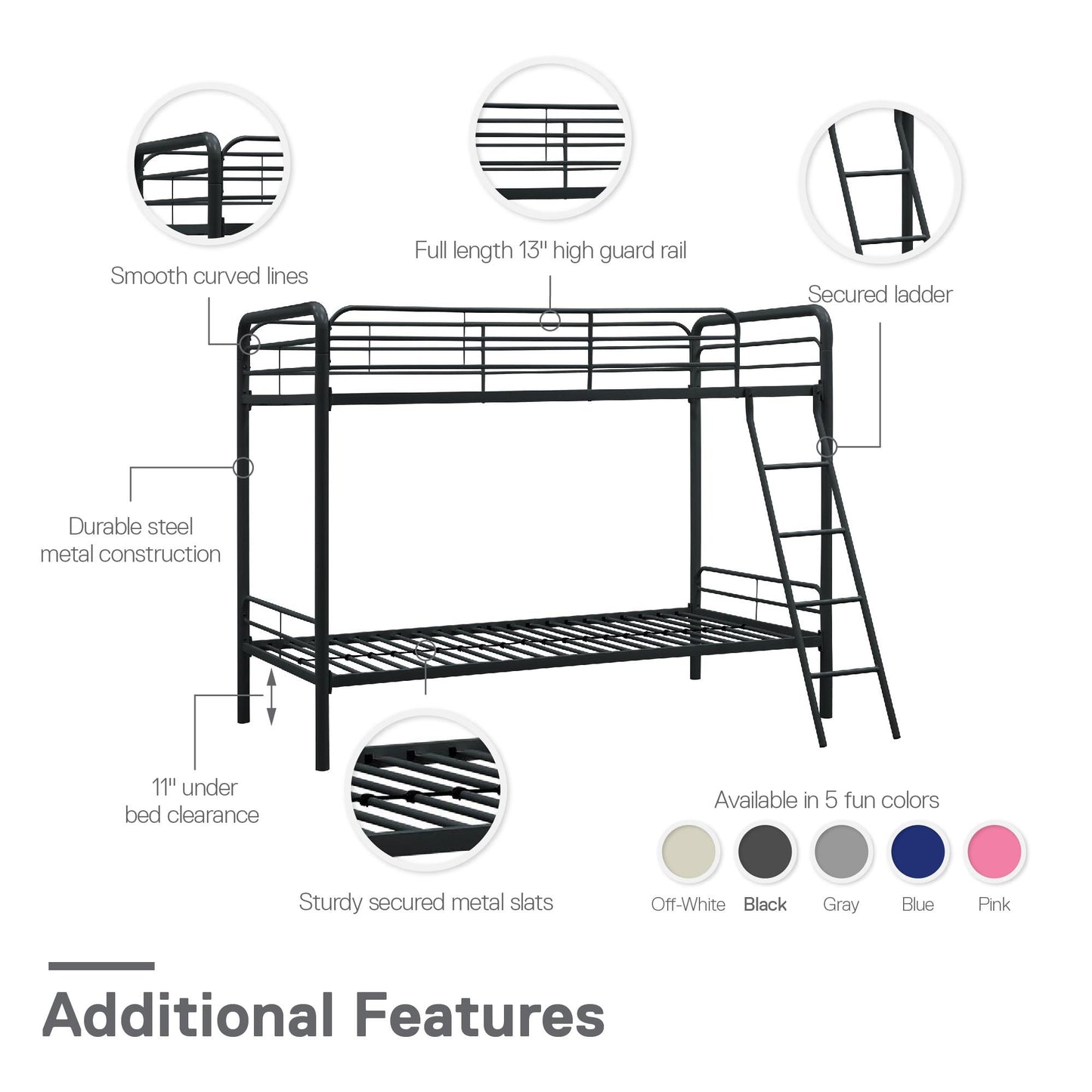 Twin over Twin Metal Bunk Bed with Slanted Front Ladder and Guardrails - Black - Twin-Over-Twin