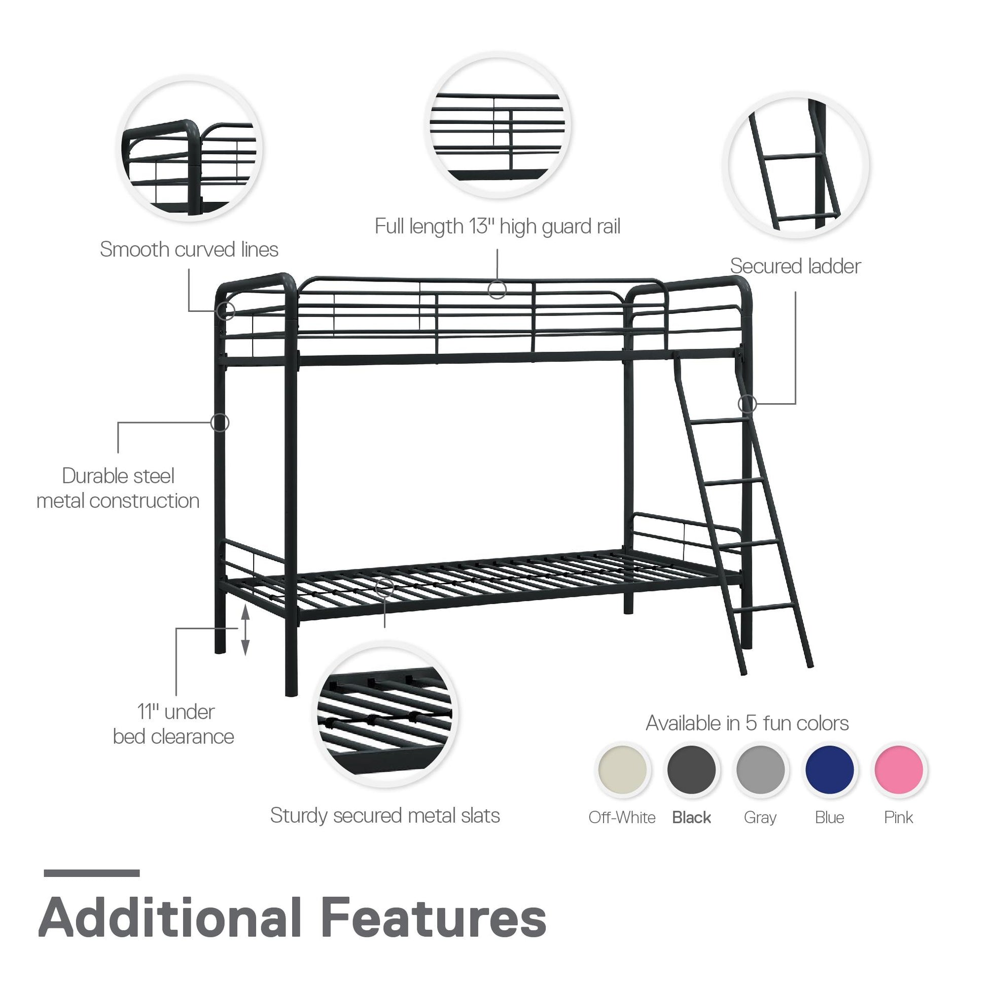 Twin over Twin Metal Bunk Bed with Slanted Front Ladder and Guardrails - Black - Twin-Over-Twin