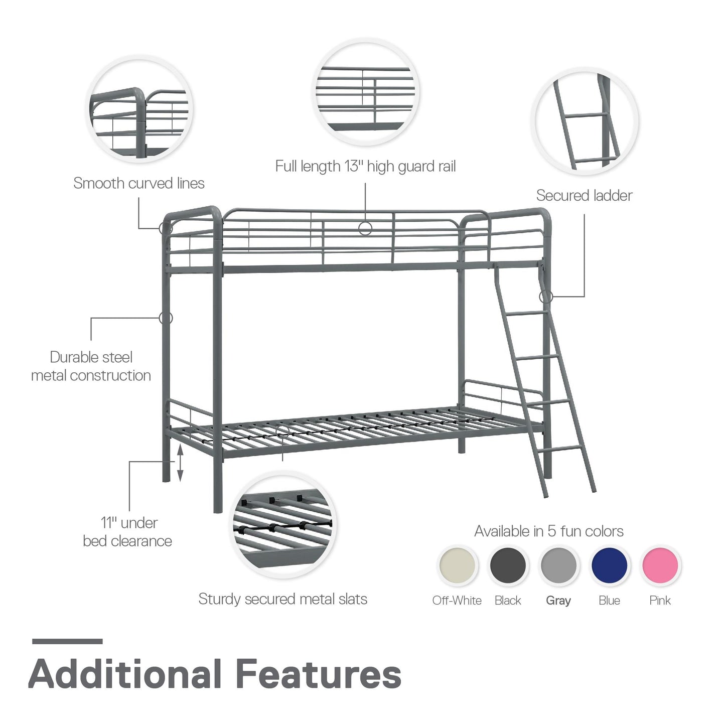 Twin over Twin Metal Bunk Bed with Slanted Front Ladder and Guardrails - Silver - Twin-Over-Twin