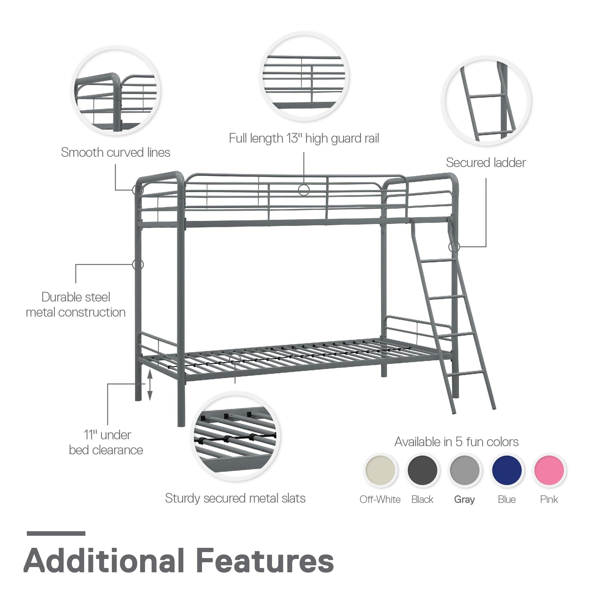 Twin over Twin Metal Bunk Bed with Slanted Front Ladder and Guardrails - Silver - Twin-Over-Twin