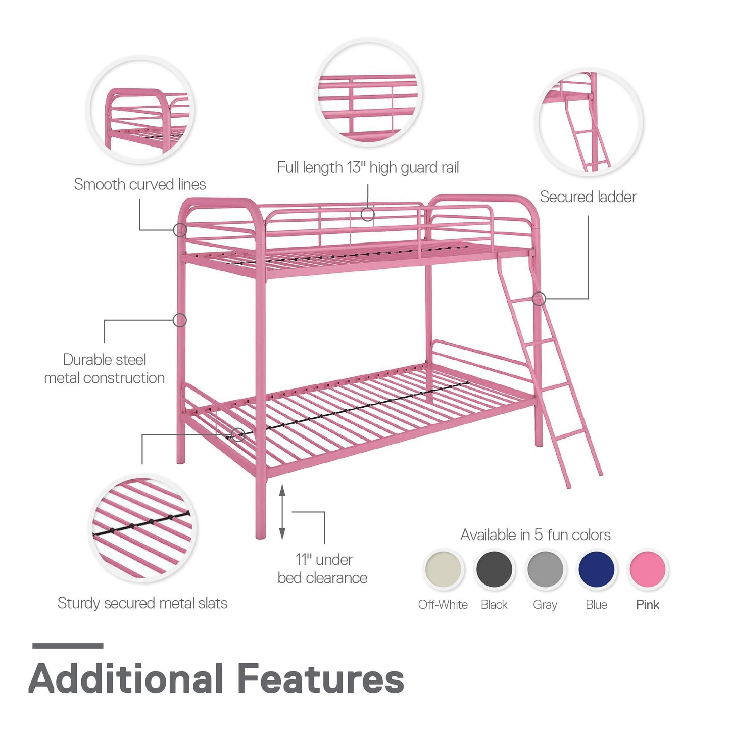 Twin over Twin Metal Bunk Bed with Slanted Front Ladder and Guardrails - Pink - Twin-Over-Twin