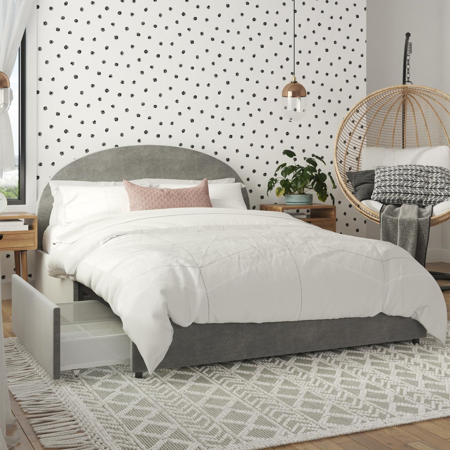 Moon Upholstered Bed with Storage - Light Gray - Queen
