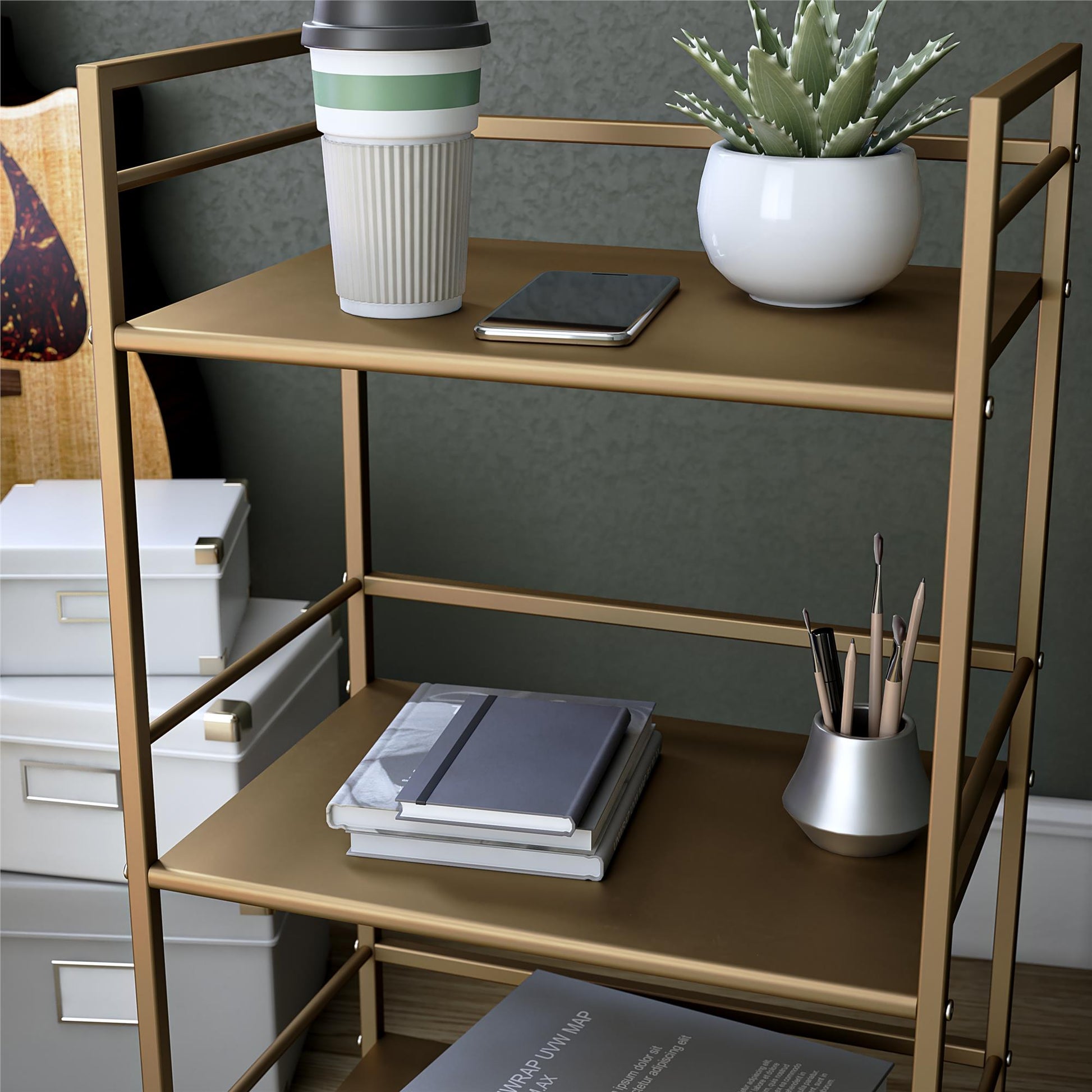 Helix 3 Shelf Metal Rolling Utility Cart, Gold - Gold