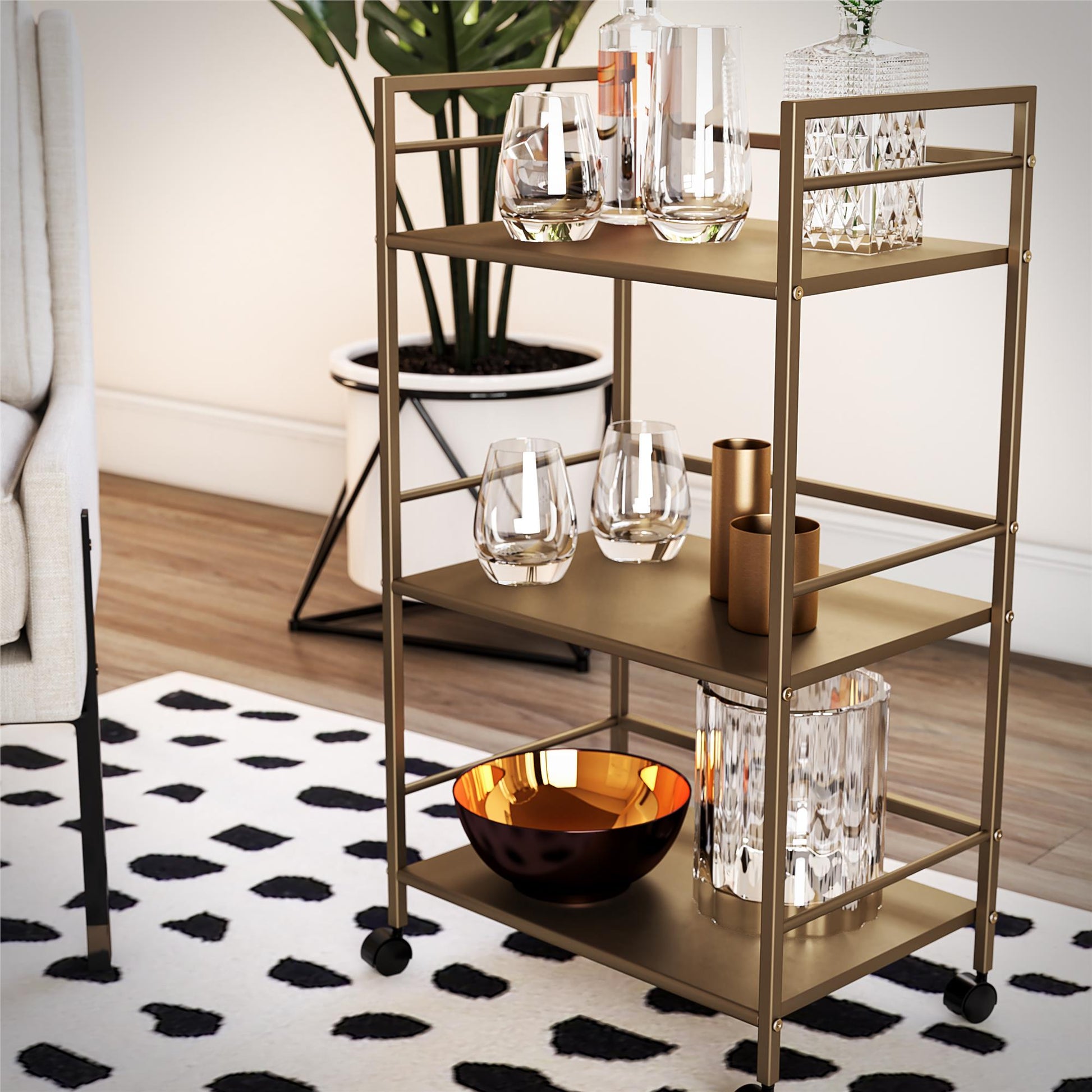 Helix 3 Shelf Metal Rolling Utility Cart, Gold - Gold