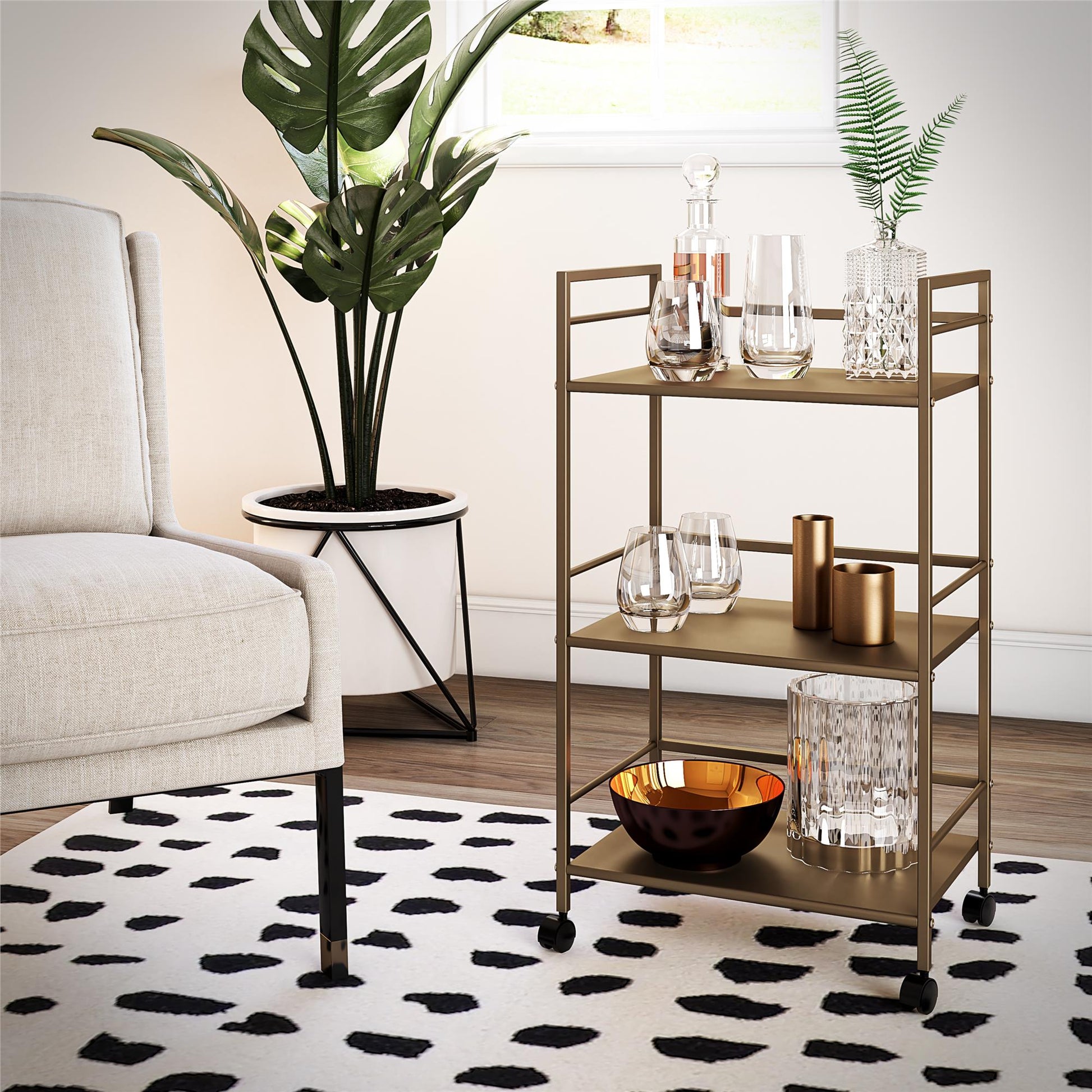 Helix 3 Shelf Metal Rolling Utility Cart, Gold - Gold